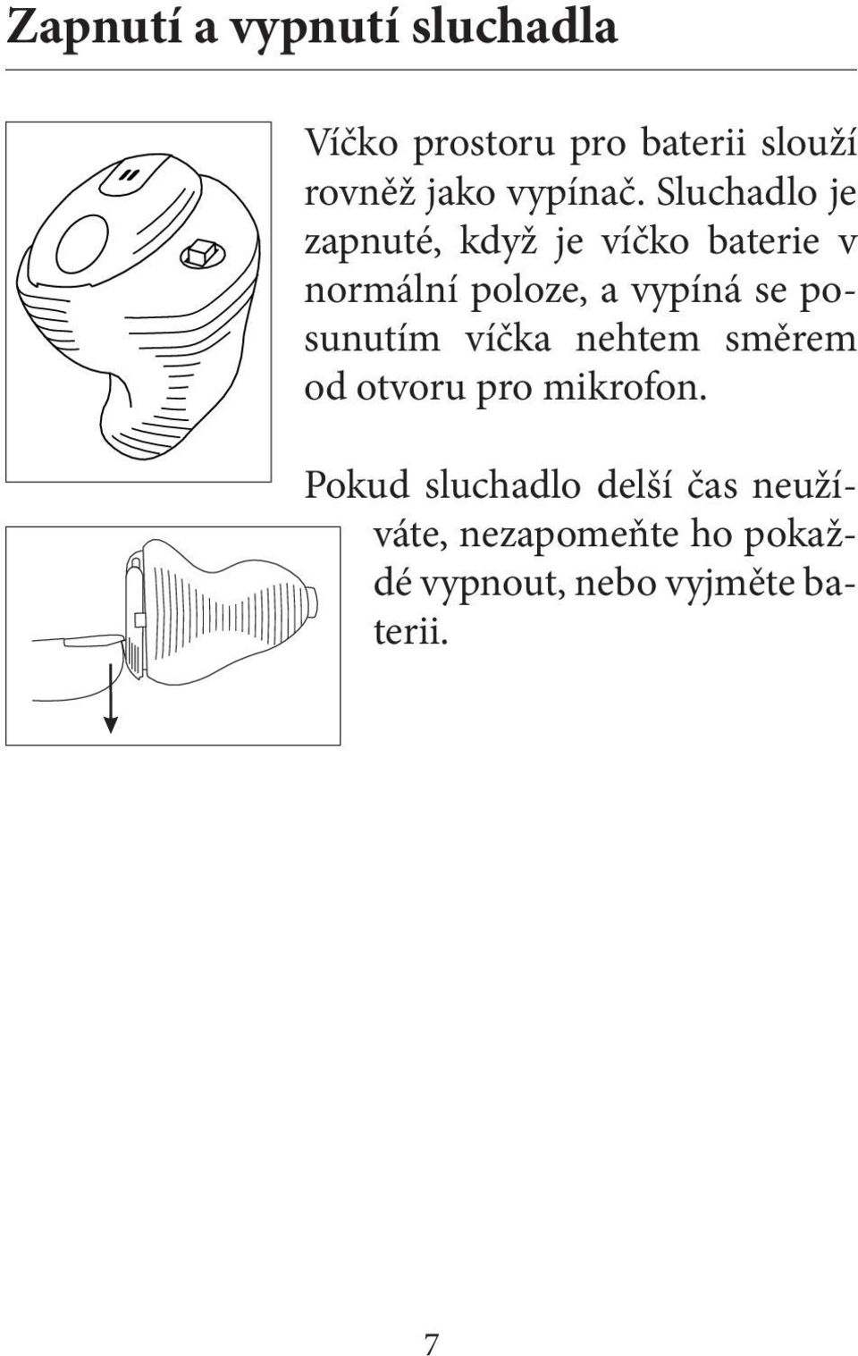 Sluchadlo je zapnuté, když je víčko baterie v normální poloze, a vypíná se