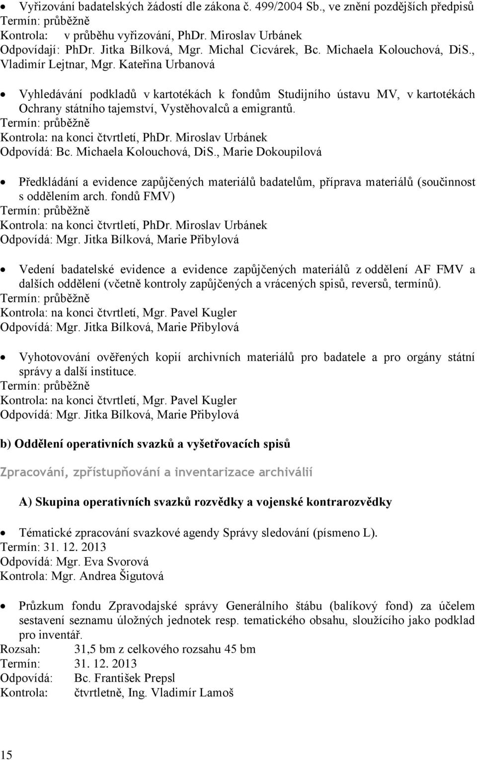 Kateřina Urbanová Vyhledávání podkladů v kartotékách k fondům Studijního ústavu MV, v kartotékách Ochrany státního tajemství, Vystěhovalců a emigrantů. Kontrola: na konci čtvrtletí, PhDr.