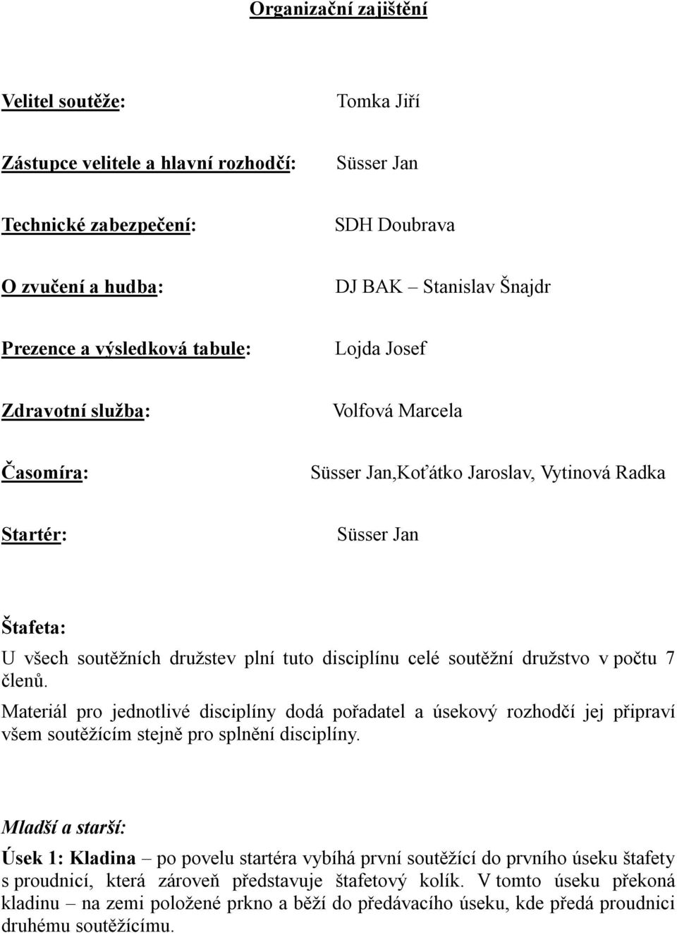 družstvo v počtu 7 členů. Materiál pro jednotlivé disciplíny dodá pořadatel a úsekový rozhodčí jej připraví všem soutěžícím stejně pro splnění disciplíny.