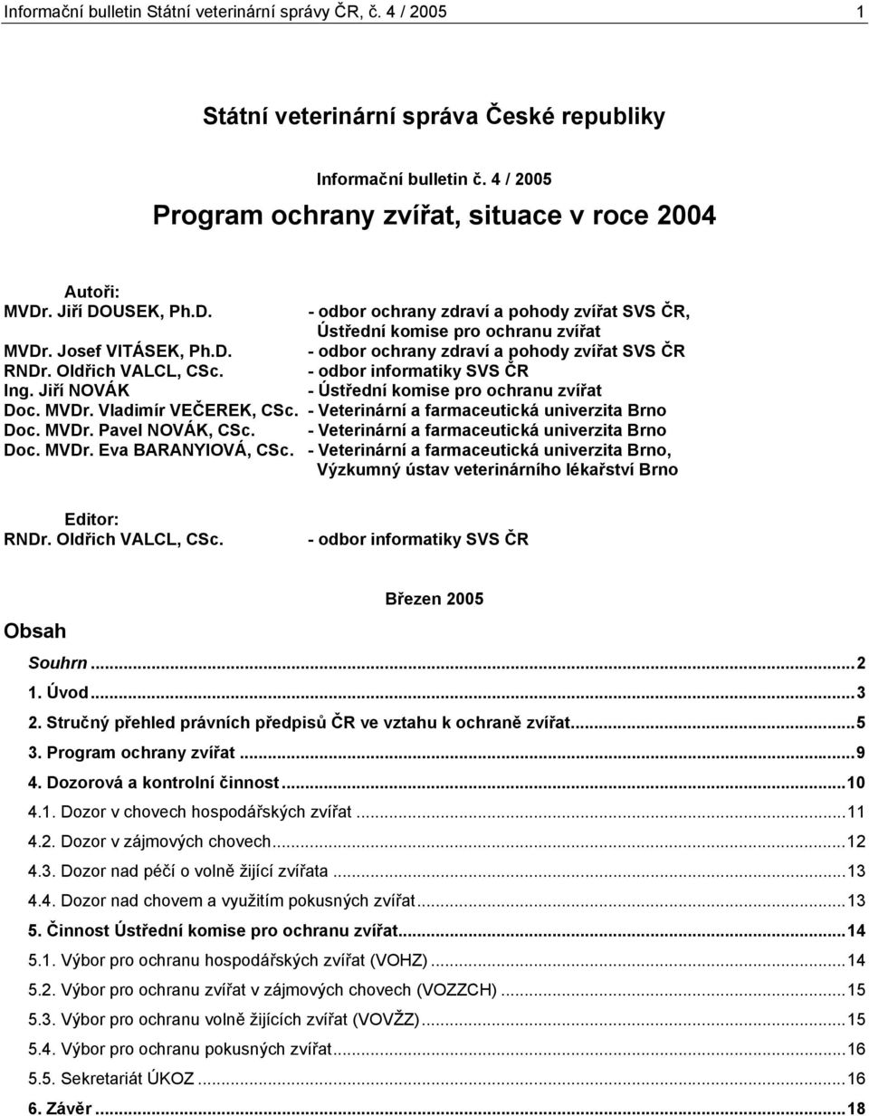 - odbor informatiky SVS ČR Ing. Jiří NOVÁK - Ústřední komise pro ochranu zvířat Doc. MVDr. Vladimír VEČEREK, CSc. - Veterinární a farmaceutická univerzita Brno Doc. MVDr. Pavel NOVÁK, CSc.