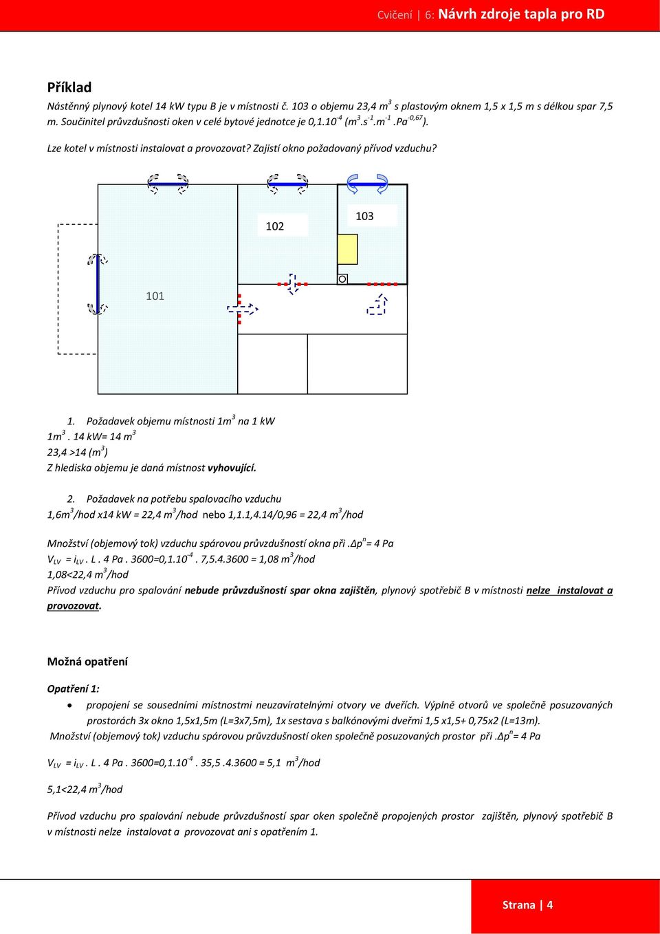 14 kw= 14 m 3 23,4 >14 (m 3 ) Z hlediska objemu je daná místnost vyhovující. 2. Požadavek na potřebu spalovacího vzduchu 1,6m 3 /hod x14 kw = 22,4 m 3 /hod nebo 1,1.1,4.