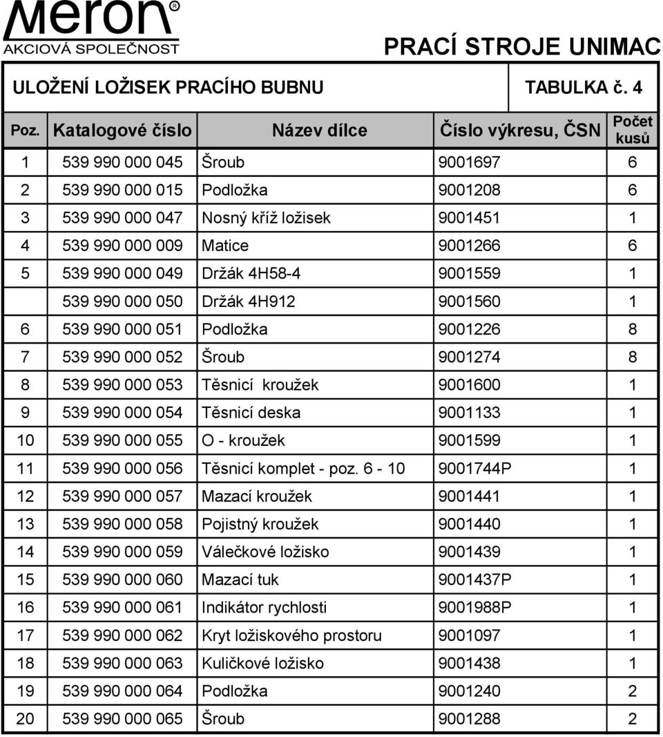 Matice 9001266 6 5 539 990 000 049 Držák 4H58-4 9001559 1 539 990 000 050 Držák 4H912 9001560 1 6 539 990 000 051 Podložka 9001226 8 7 539 990 000 052 Šroub 9001274 8 8 539 990 000 053 Těsnicí