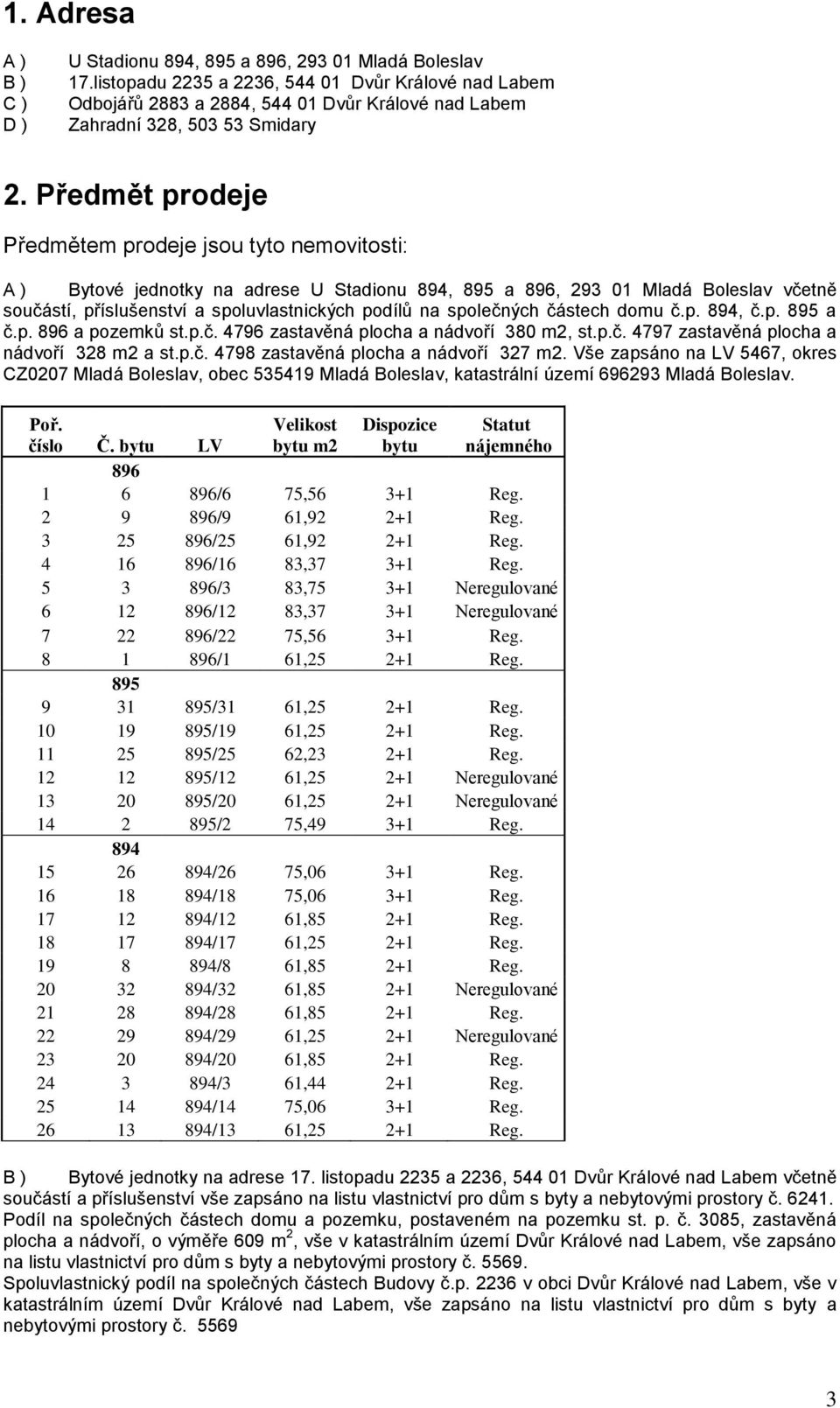 Předmět prodeje Předmětem prodeje jsou tyto nemovitosti: A ) Bytové jednotky na adrese U Stadionu 894, 895 a 896, 293 01 Mladá Boleslav včetně součástí, příslušenství a spoluvlastnických podílů na