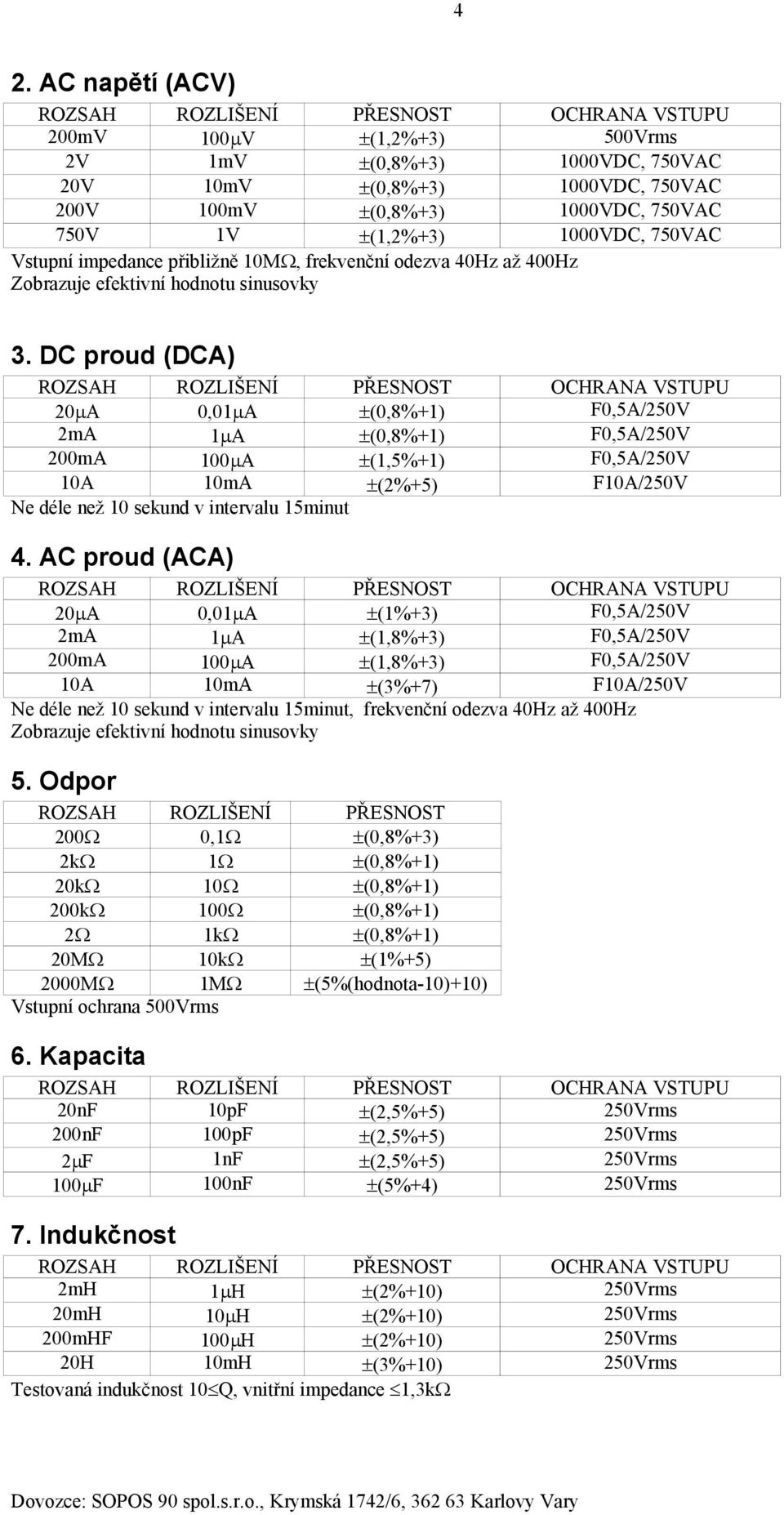 DC proud (DCA) 20 A 0,01 A (0,8%+1) F0,5A/250V 2mA 1 A (0,8%+1) F0,5A/250V 200mA 100 A (1,5%+1) F0,5A/250V 10A 10mA (2%+5) F10A/250V Ne déle než 10 sekund v intervalu 15minut 4.