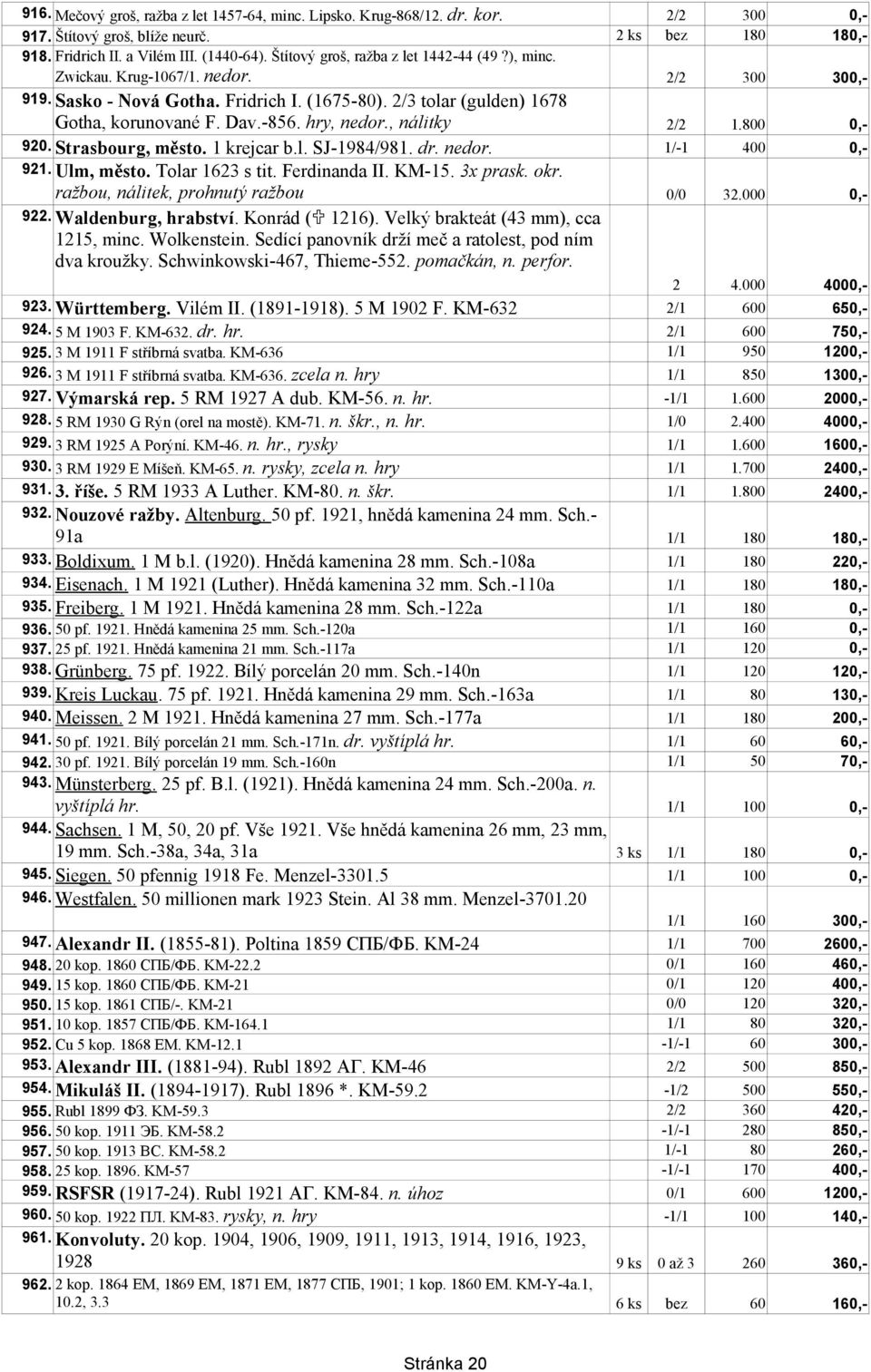 hry, nedor., nálitky 2/2 1.800 0,- 920. Strasbourg, město. 1 krejcar b.l. SJ-1984/981. dr. nedor. 1/-1 400 0,- 921. Ulm, město. Tolar 1623 s tit. Ferdinanda II. KM-15. 3x prask. okr.