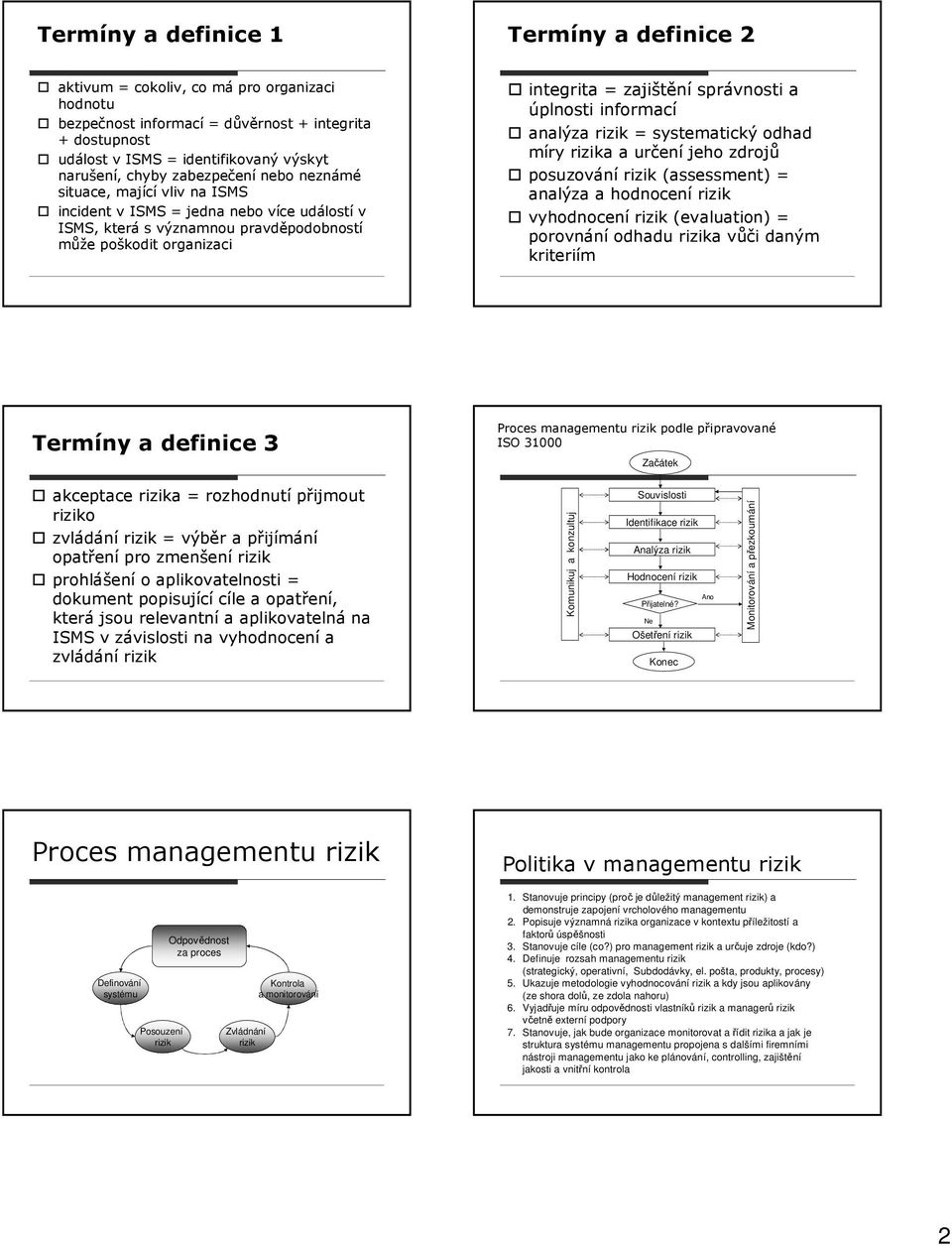 správnosti a úplnosti informací analýza rizik = systematický odhad míry rizika a určení jeho zdrojů posuzování rizik (assessment) = analýza a hodnocení rizik vyhodnocení rizik (evaluation) =