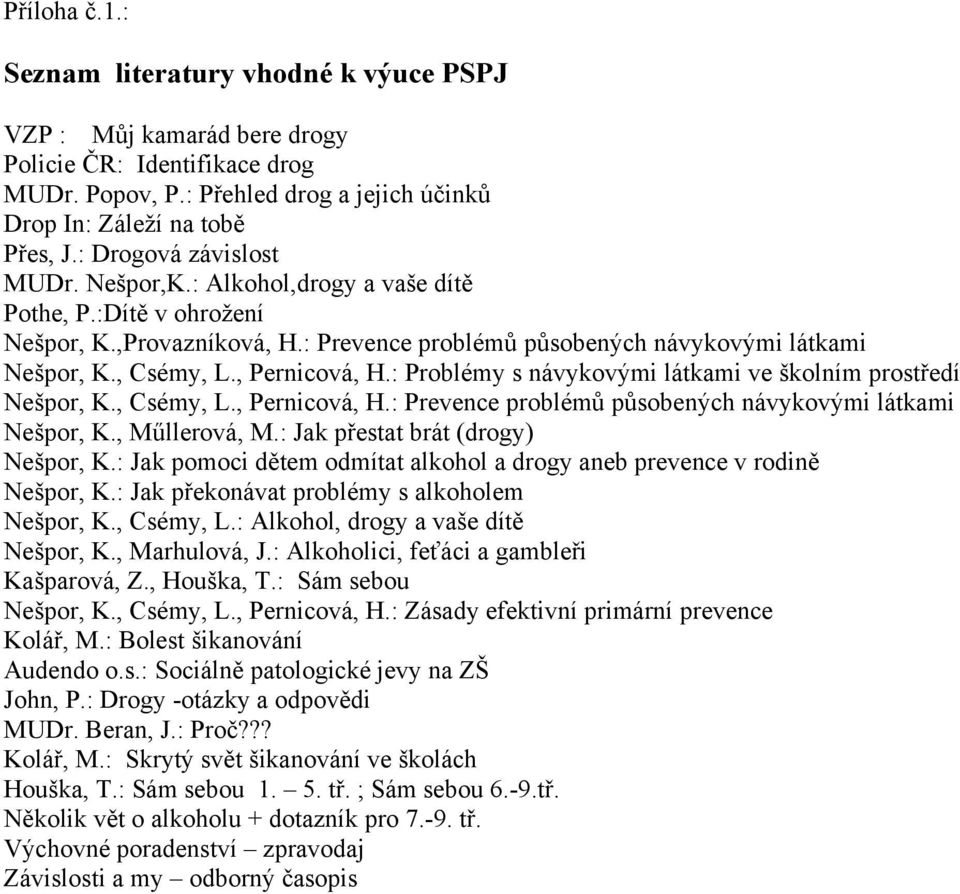 , Pernicová, H.: Problémy s návykovými látkami ve školním prostředí Nešpor, K., Csémy, L., Pernicová, H.: Prevence problémů působených návykovými látkami Nešpor, K., Műllerová, M.