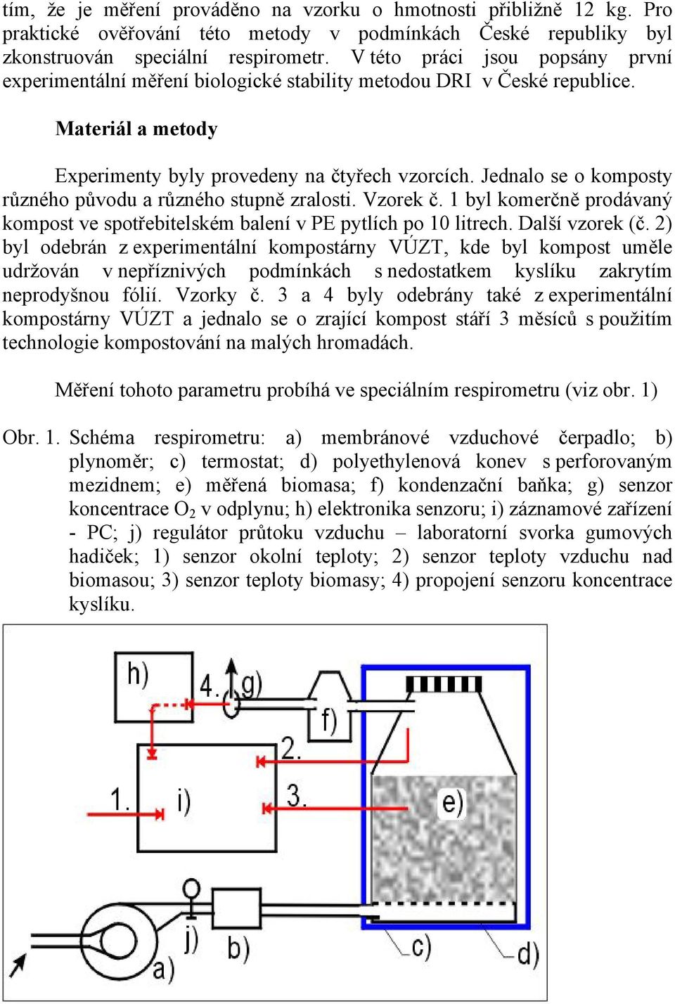 Jednalo se o komposty různého původu a různého stupně zralosti. Vzorek č. 1 byl komerčně prodávaný kompost ve spotřebitelském balení v PE pytlích po 10 litrech. Další vzorek (č.