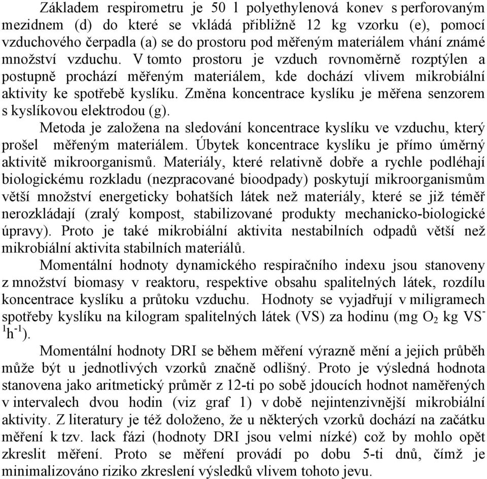 Změna koncentrace kyslíku je měřena senzorem s kyslíkovou elektrodou (g). Metoda je založena na sledování koncentrace kyslíku ve vzduchu, který prošel měřeným materiálem.