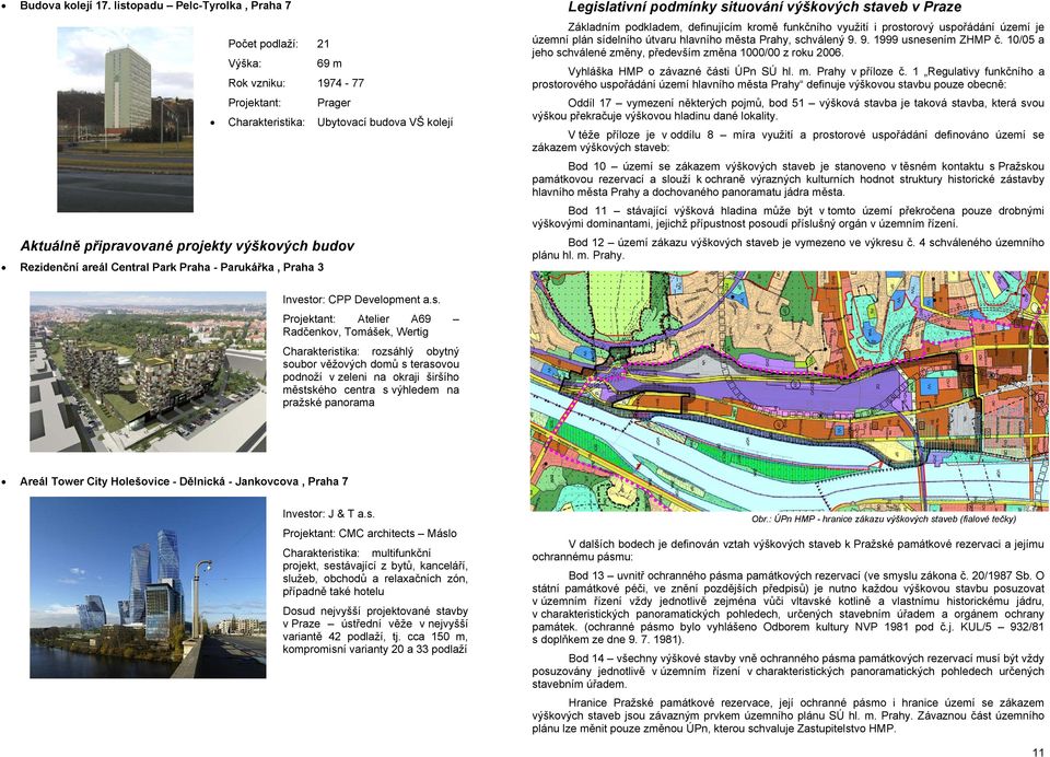 Rezidenční areál Central Park Praha - Parukářka, Praha 3 Legislativní podmínky situování výškových staveb v Praze Základním podkladem, definujícím kromě funkčního využití i prostorový uspořádání