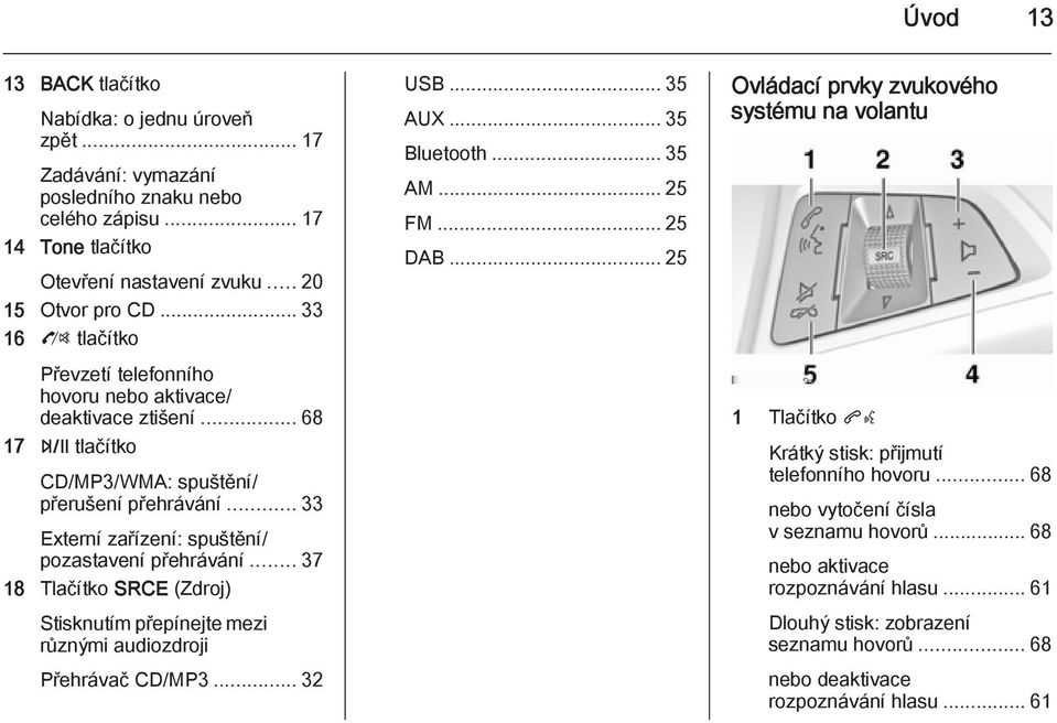 .. 37 18 Tlačítko SRCE (Zdroj) Stisknutím přepínejte mezi různými audiozdroji Přehrávač CD/MP3... 32 USB... 35 AUX... 35 Bluetooth... 35 AM... 25 FM... 25 DAB.