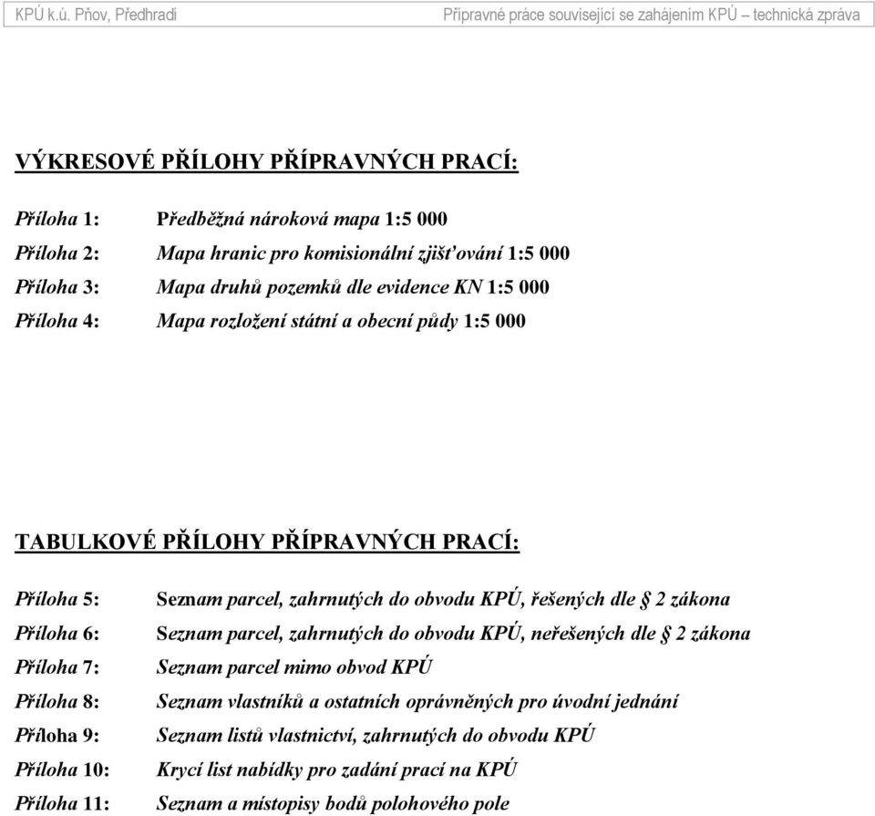 zjišťování 1:5 000 Příloha 3: Mapa druhů pozemků dle evidence KN 1:5 000 Příloha 4: Mapa rozložení státní a obecní půdy 1:5 000 TABULKOVÉ PŘÍLOHY PŘÍPRAVNÝCH PRACÍ: Příloha 5: Příloha 6: Příloha 7: