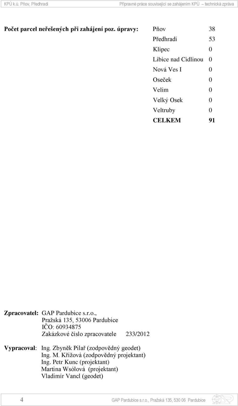 Pardubice s.r.o., Pražská 135, 53006 Pardubice IČO: 60934875 Zakázkové číslo zpracovatele 233/2012 Vypracoval: Ing.