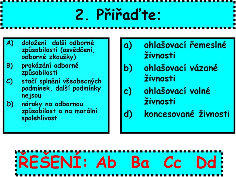 D) nároky na odbornou způsobilost a na morální spolehlivost a) ohlašovací řemeslné živnosti