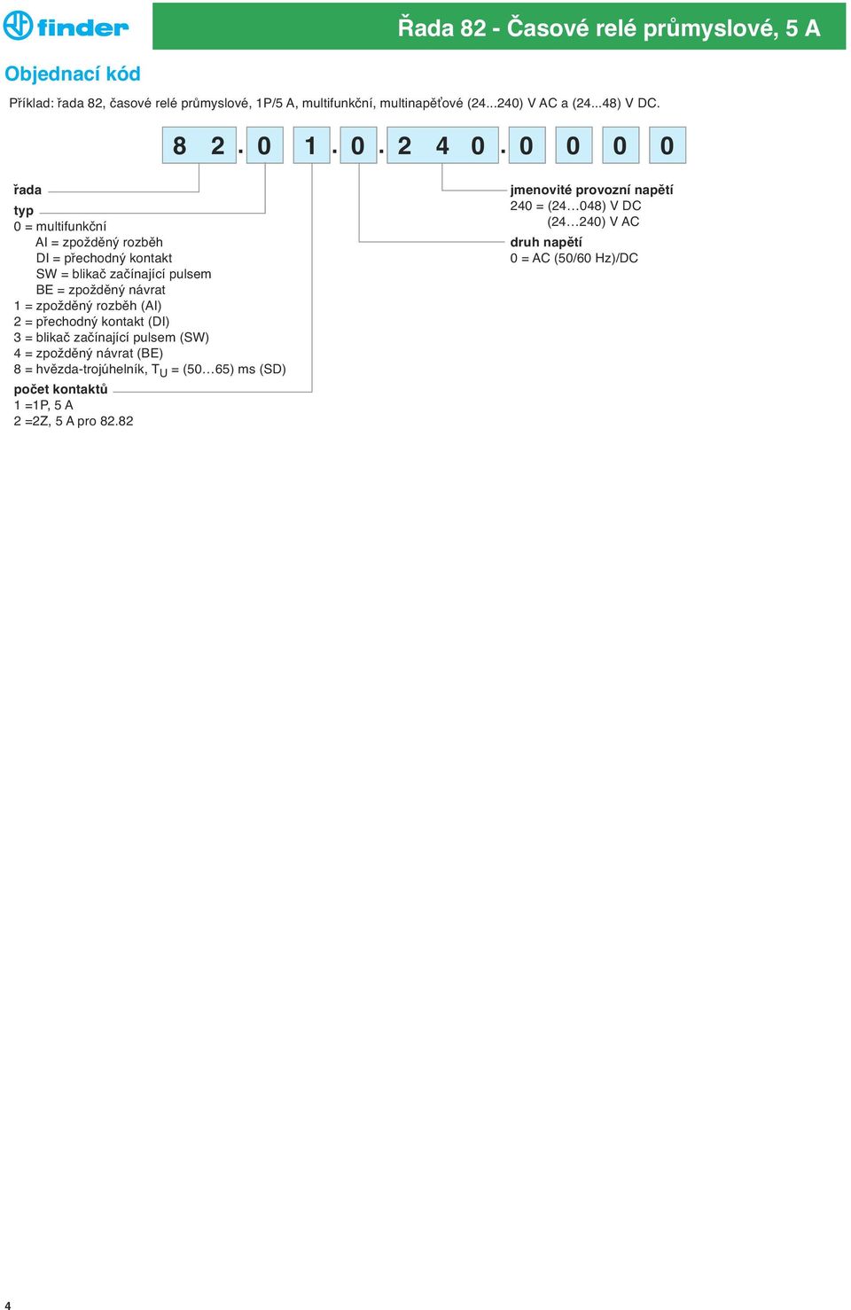 zpožděný rozběh (AI) 2 = přechodný kontakt (DI) 3 = blikač začínající pulsem (SW) 4 = zpožděný návrat (BE) 8 = hvězda-trojúhelník, T U = (50