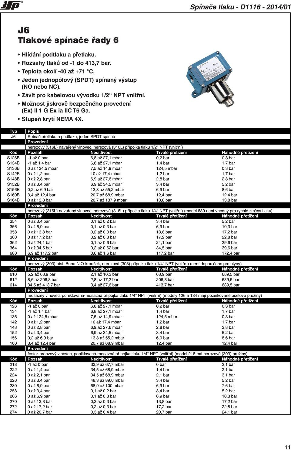 J6 Spínač přetlaku a podtlaku, jeden SPDT spínač nerezový (316L) navařený vlnovec, nerezová (316L) přípojka tlaku 1/2" NPT (vnitřní) S126B -1 až 0 bar 6,8 až 27,1 mbar 0,2 bar 0,3 bar S134B -1 až 1,4