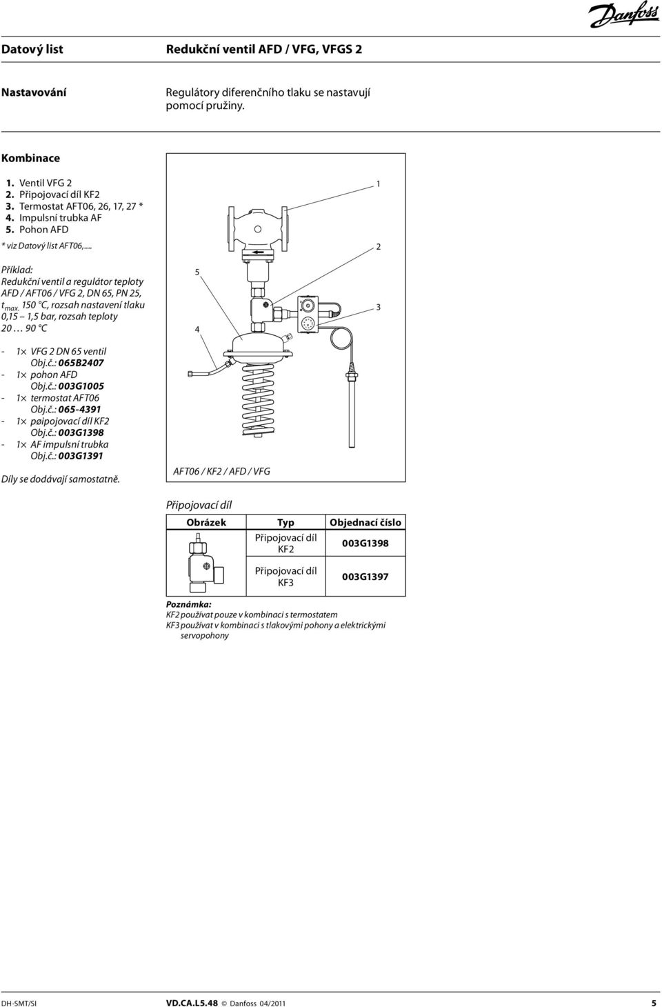 150 C, rozsah nastavení tlaku 0,15 1,5 bar, rozsah teploty 20 90 C - 1 VFG 2 DN 65 ventil Obj.č.: 065B2407-1 pohon AFD Obj.č.: 003G1005-1 termostat AFT06 Obj.č.: 065-4391 - 1 pøipojovací díl KF2 Obj.