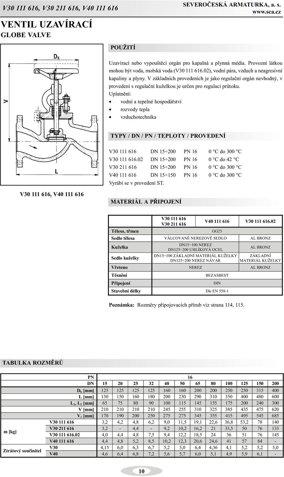 Uplatnìní: vodní a tepelné hospodáøství rozvody tepla vzduchotechnika TYPY / DN / PN / TEPLOTY / PROVEDENÍ V30 111 616 DN 15 200 PN 16 0 C do 300 C V30 111 616.