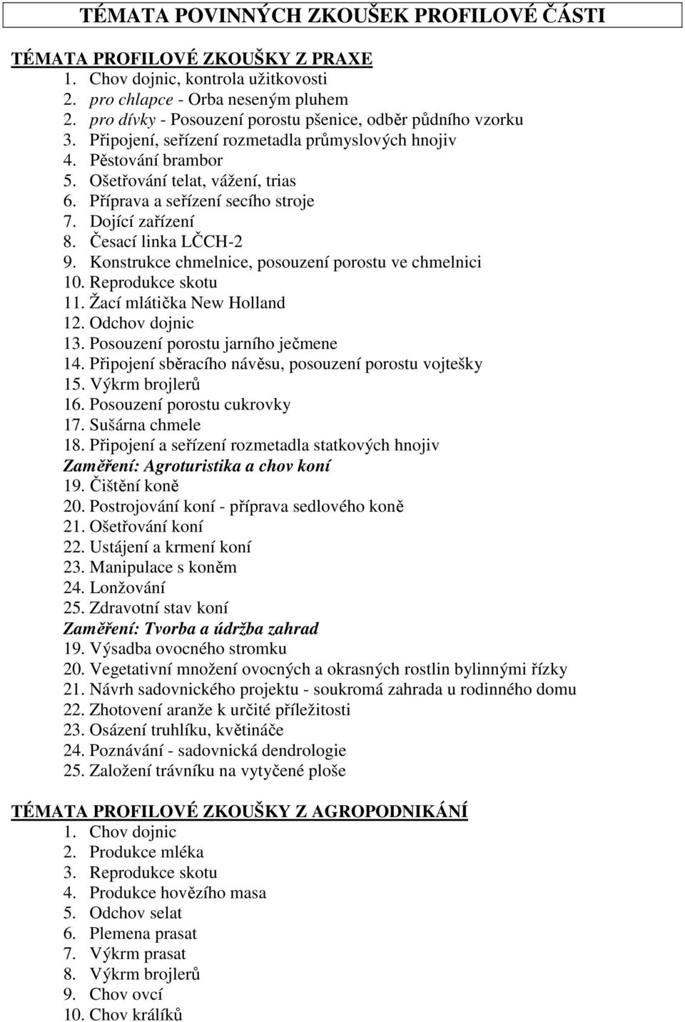 Příprava a seřízení secího stroje 7. Dojící zařízení 8. Česací linka LČCH-2 9. Konstrukce chmelnice, posouzení porostu ve chmelnici 10. Reprodukce skotu 11. Žací mlátička New Holland 12.