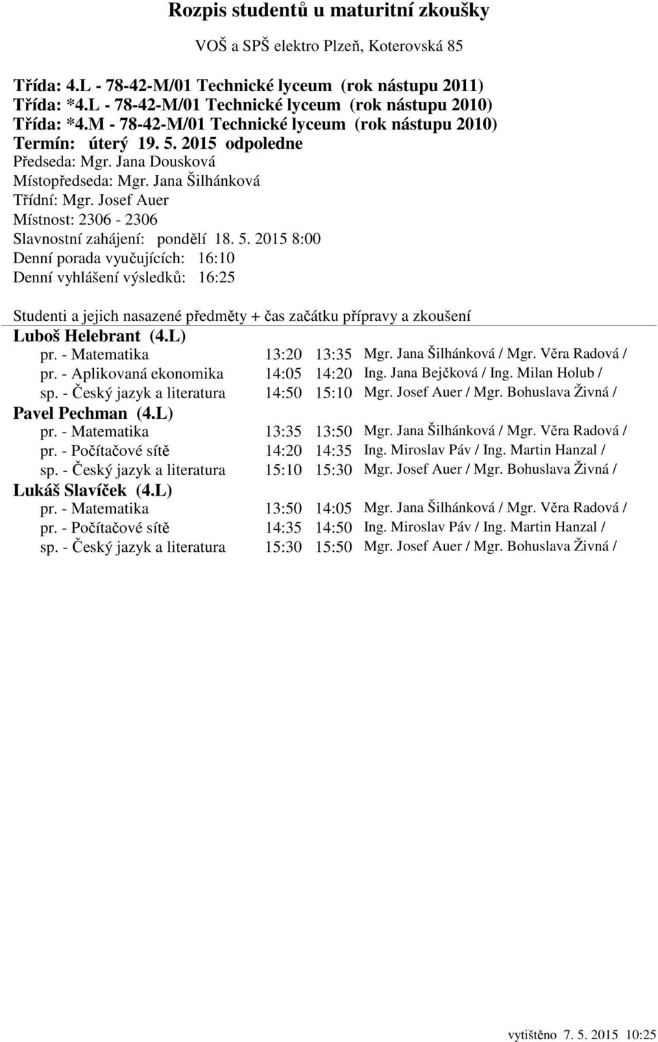- Matematika 13:35 13:50 Mgr. Jana Šilhánková / Mgr. Věra Radová / pr. - Počítačové sítě 14:20 14:35 Ing. Miroslav Páv / Ing. Martin Hanzal / sp. - Český jazyk a literatura 15:10 15:30 Mgr.
