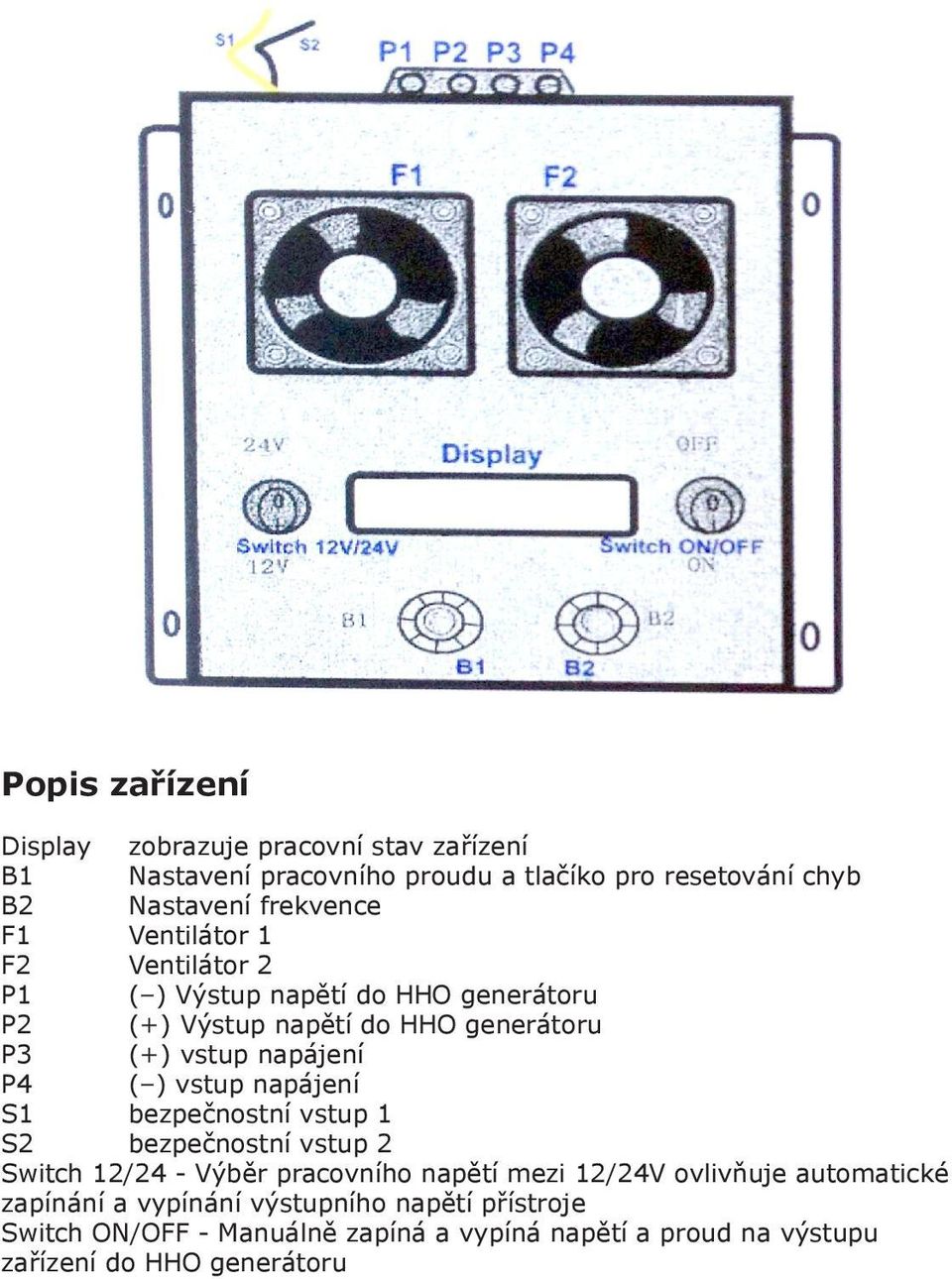 napájení P4 ( ) vstup napájení S1 bezpečnostní vstup 1 S2 bezpečnostní vstup 2 Switch 12/24 - Výběr pracovního napětí mezi 12/24V