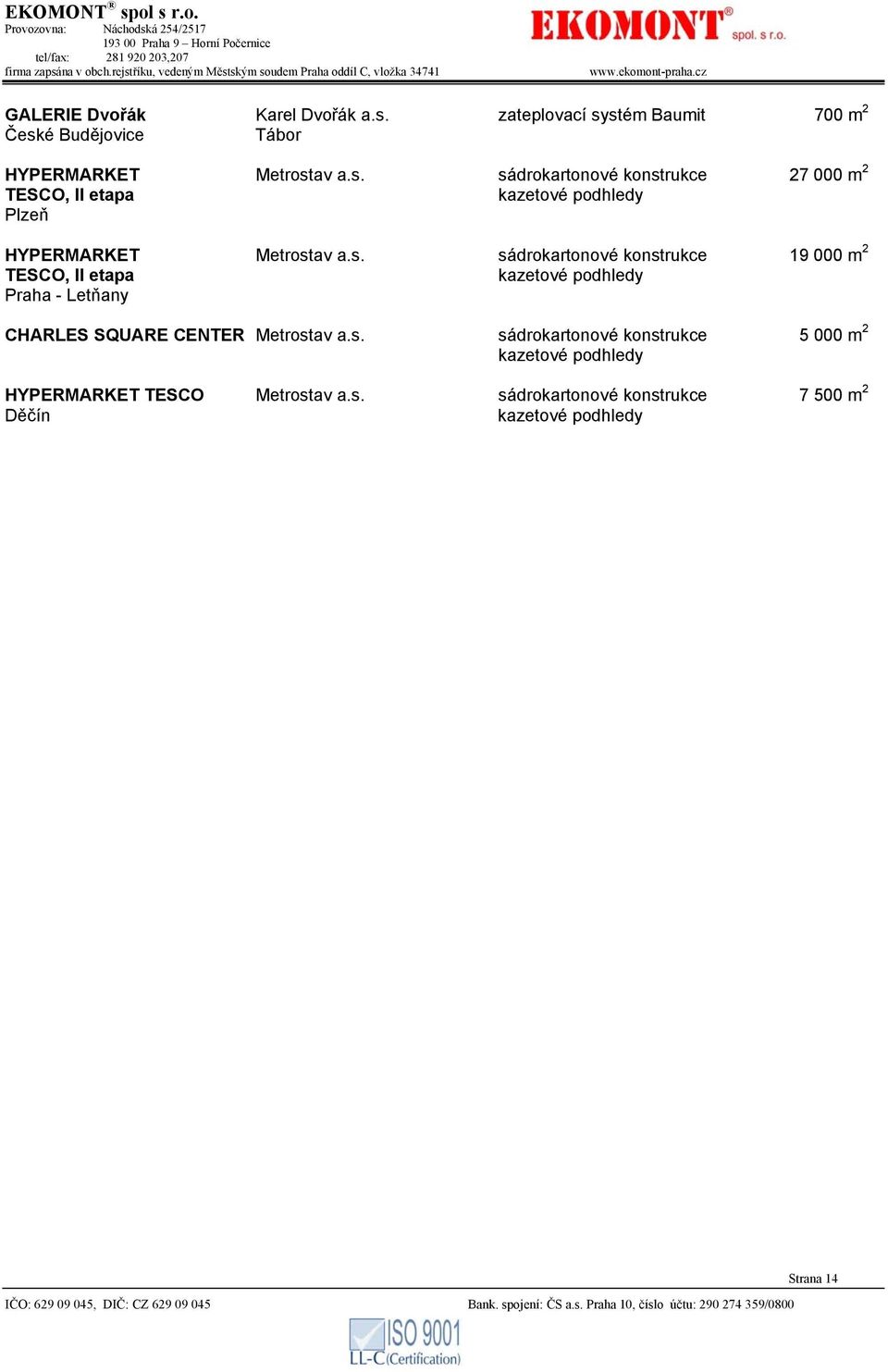 s. sádrokartonové konstrukce 5 000 m 2 kazetové podhledy HYPERMARKET TESCO Metrostav a.s. sádrokartonové konstrukce 7 500 m 2 Děčín kazetové podhledy IČO: 629 09 045, DIČ: CZ 629 09 045 Bank.
