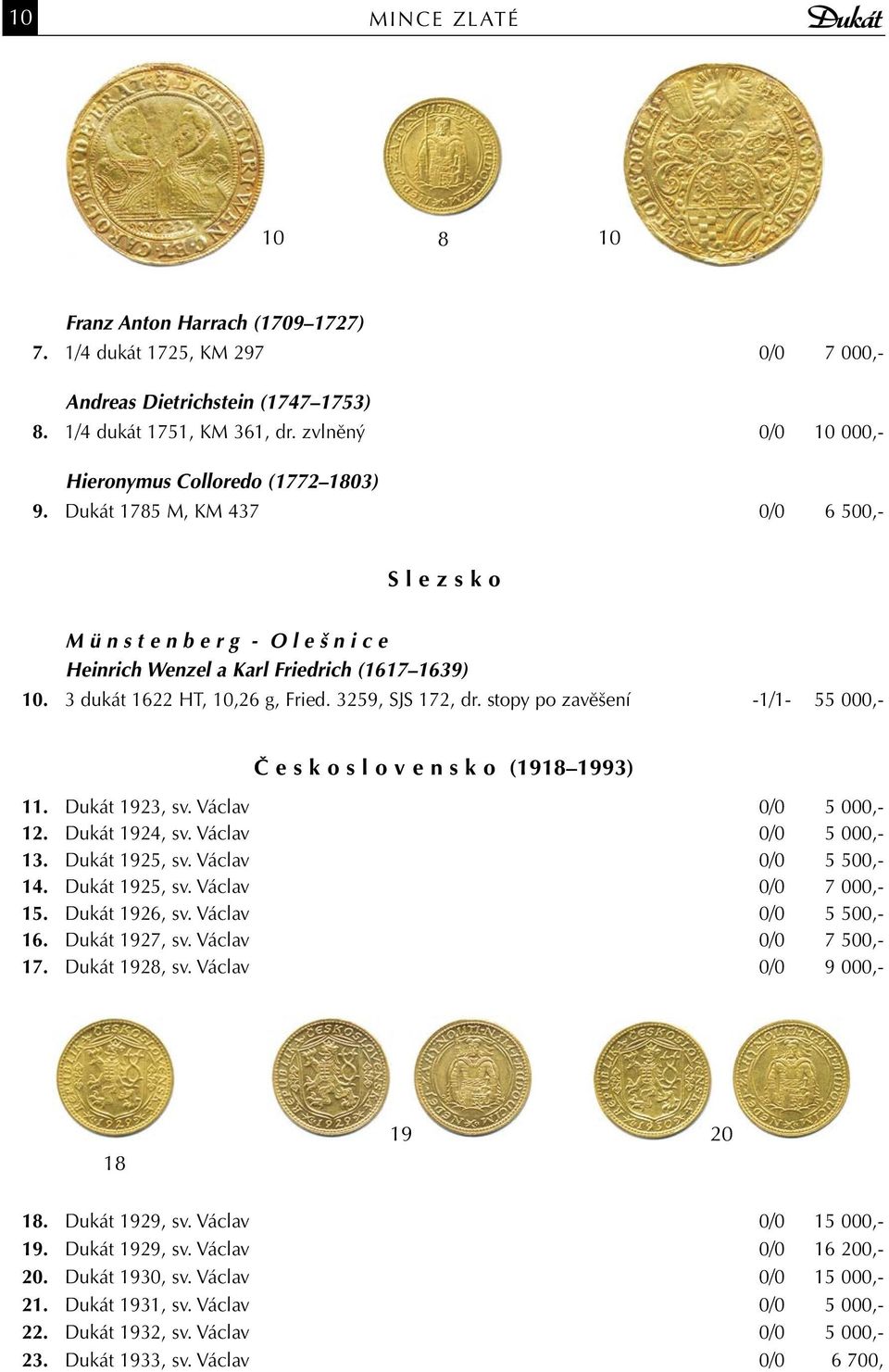 3 dukát 1622 HT, 10,26 g, Fried. 3259, SJS 172, dr. stopy po zavěšení -1/1-55 000,- Č e s k o s l o v e n s k o (1918 1993) 11. Dukát 1923, sv. Václav 0/0 5 000,- 12. Dukát 1924, sv.