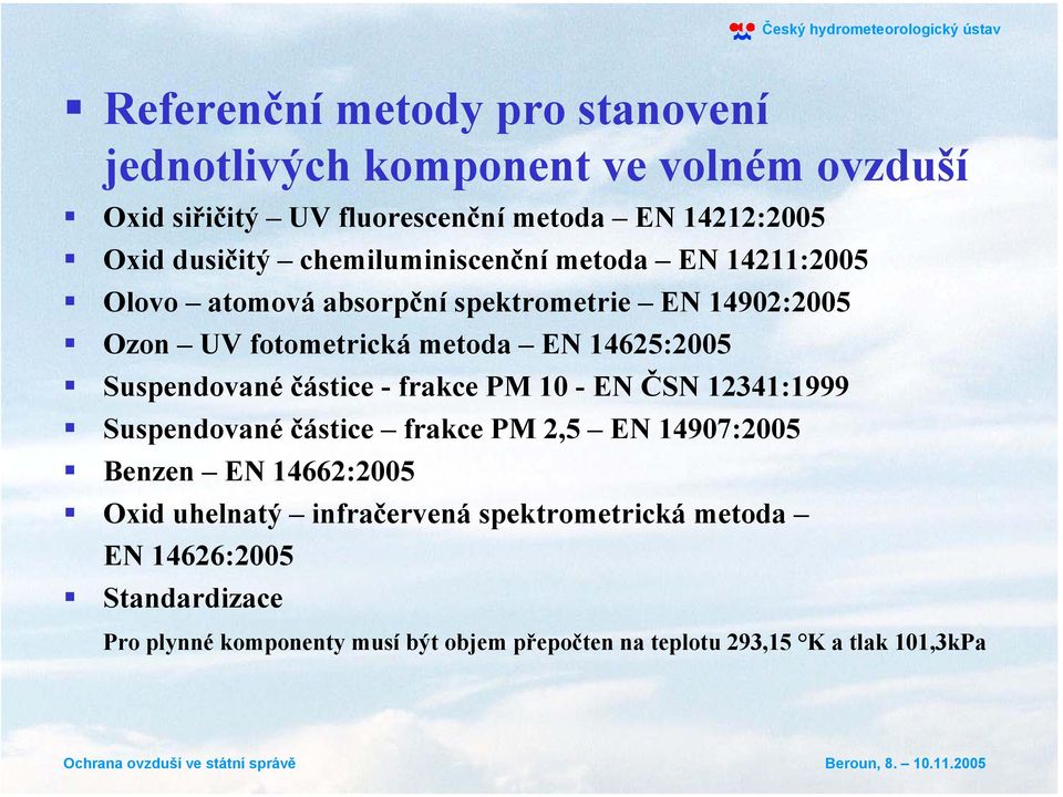 Suspendované částice - frakce PM 10 - EN ČSN 12341:1999 Suspendované částice frakce PM 2,5 EN 14907:2005 Benzen EN 14662:2005 Oxid uhelnatý