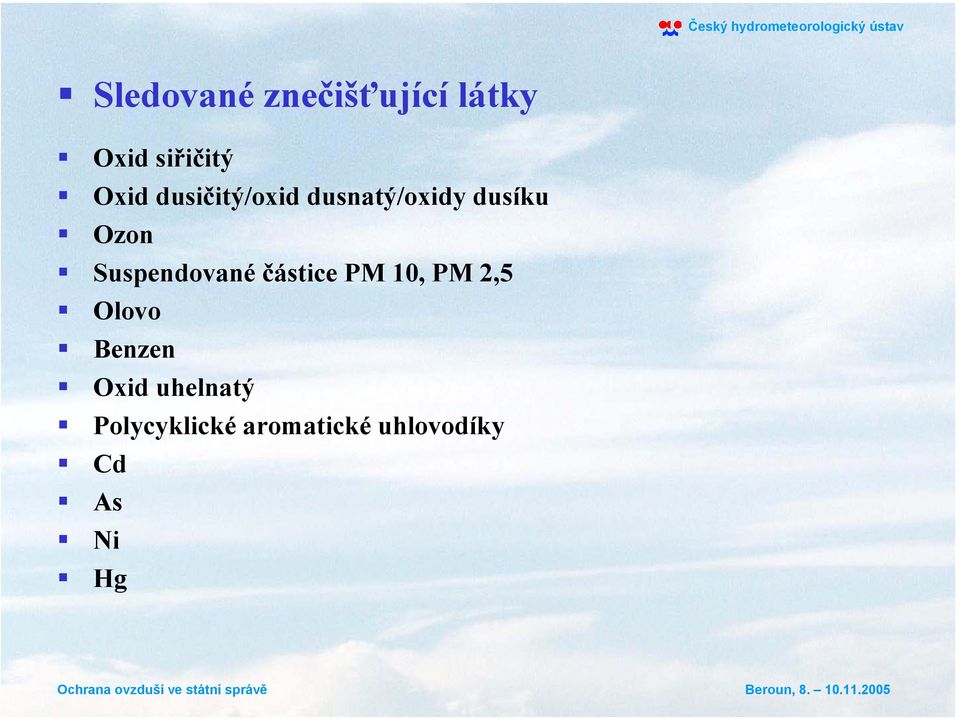 Suspendované částice PM 10, PM 2,5 Olovo Benzen