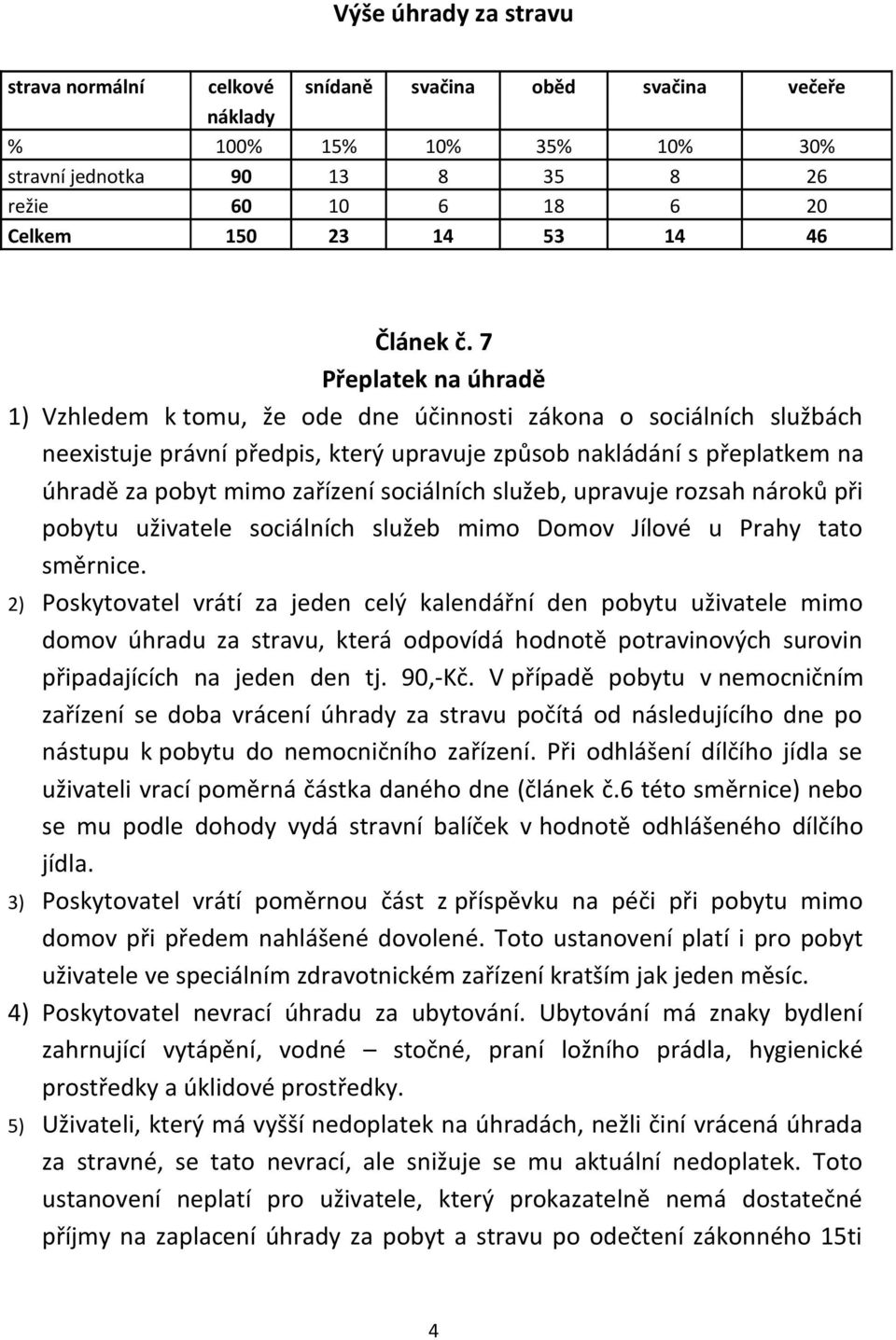 7 Přeplatek na úhradě 1) Vzhledem k tomu, že ode dne účinnosti zákona o sociálních službách neexistuje právní předpis, který upravuje způsob nakládání s přeplatkem na úhradě za pobyt mimo zařízení