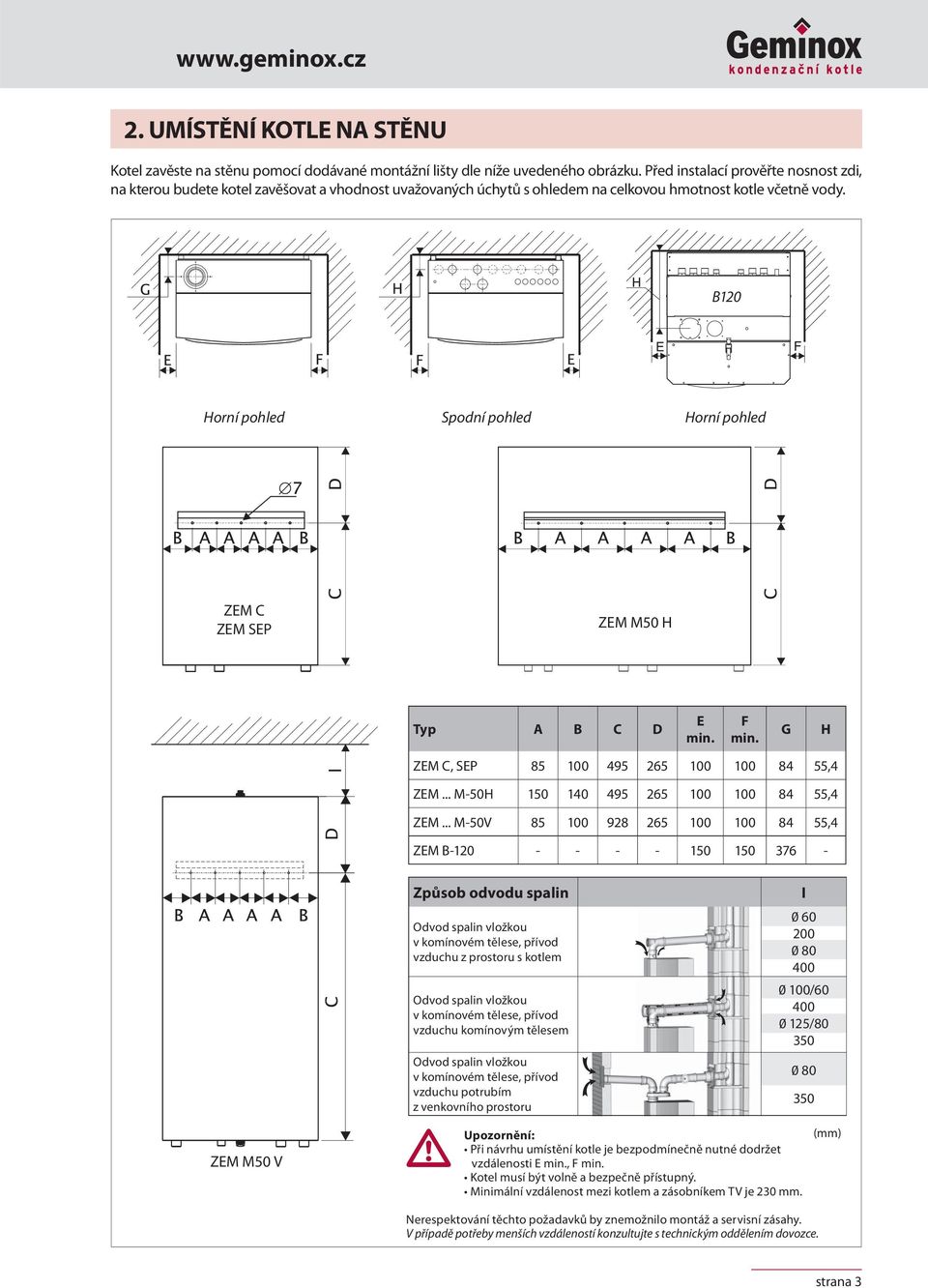 B120 Horní pohled Spodní pohled Horní pohled ZEM C ZEM SEP ZEM M50 H Typ A B C D E min. F min. G H ZEM C, SEP 85 100 495 265 100 100 84 55,4 ZEM... M-50H 150 140 495 265 100 100 84 55,4 ZEM.