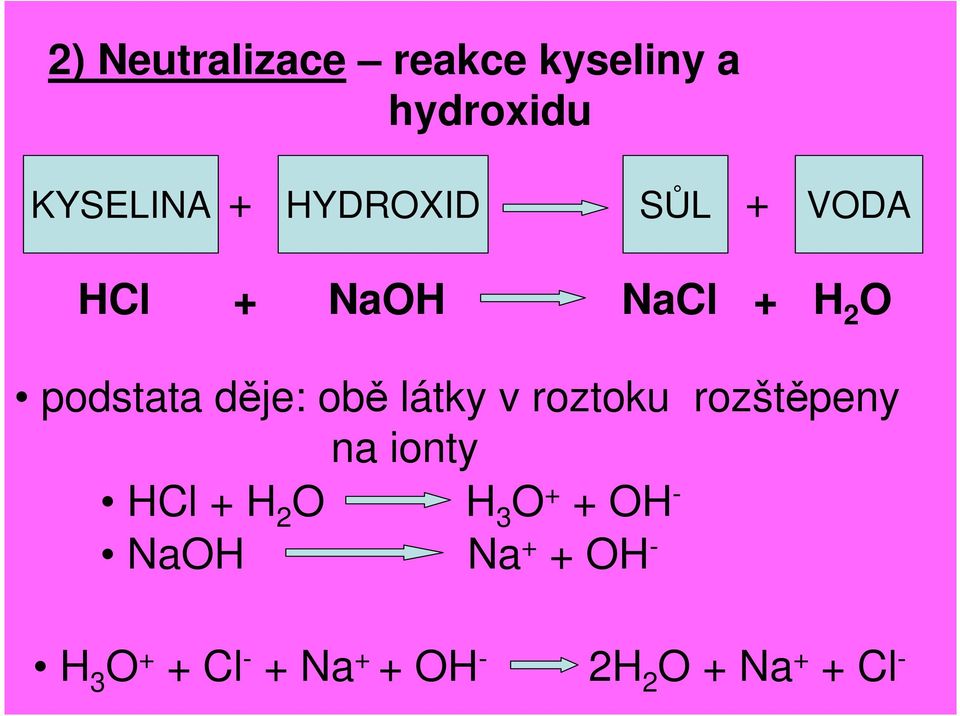 obě látky v roztoku rozštěpeny na ionty HCl + H 2 O H 3 O + +