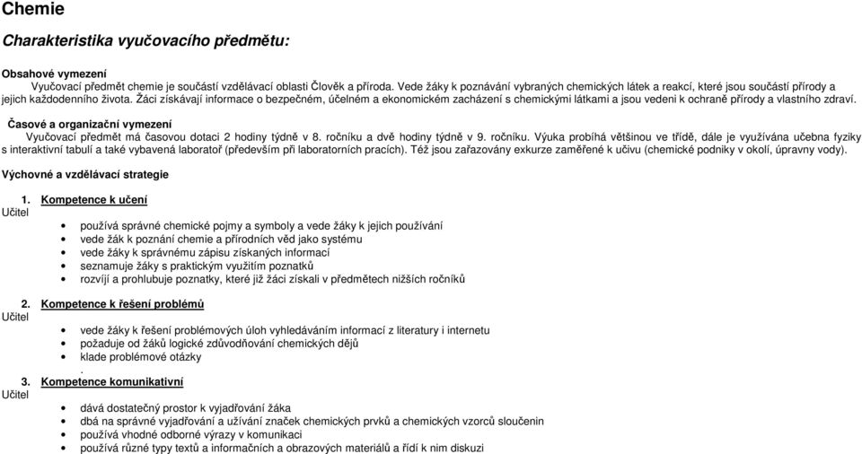 Žáci získávají informace o bezpečném, účelném a ekonomickém zacházení s chemickými látkami a jsou vedeni k ochraně přírody a vlastního zdraví.