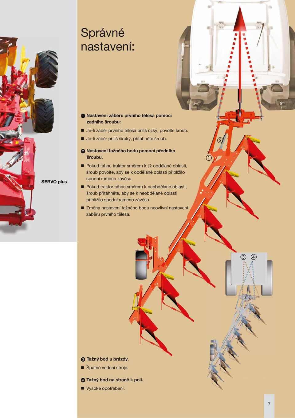 Pokud táhne traktor směrem k již obdělané oblasti, šroub povolte, aby se k obdělané oblasti přiblížilo spodní rameno závěsu.