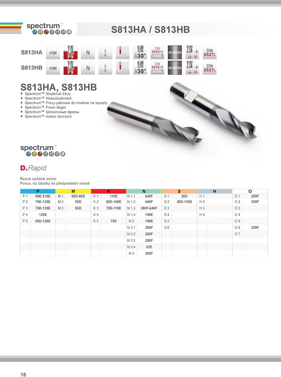 Rapid Řezná rychlost m/min Posuv, viz tabulky na předposlední straně P M K N S H O P 1 90E210E M 1 55D85D K 1 115E N 1.