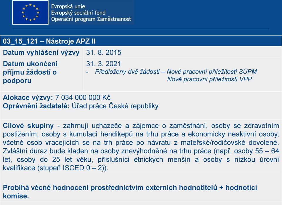 . 3. 2021 - Předloženy dvě žádosti Nové pracovní příležitosti SÚPM Nové pracovní příležitosti VPP Cílové skupiny - zahrnují uchazeče a zájemce o zaměstnání, osoby se zdravotním postižením, osoby s