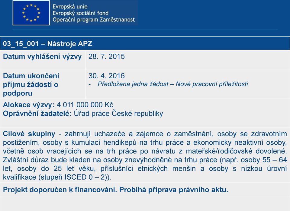 2016 - Předložena jedna žádost Nové pracovní příležitosti Cílové skupiny - zahrnují uchazeče a zájemce o zaměstnání, osoby se zdravotním postižením, osoby s kumulací hendikepů na trhu
