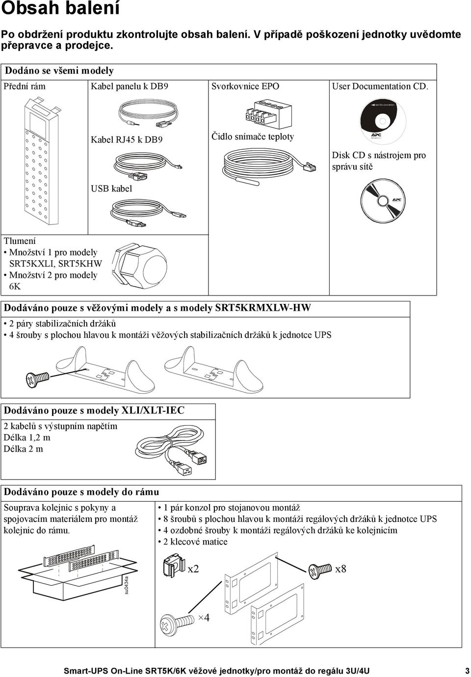 User Doc umentation Kabel RJ45 k DB9 USB kabel Čidlo snímače teploty Disk CD s nástrojem pro správu sítě Tlumení Množství 1 pro modely SRT5KXLI, SRT5KHW Množství 2 pro modely 6K Dodáváno pouze s