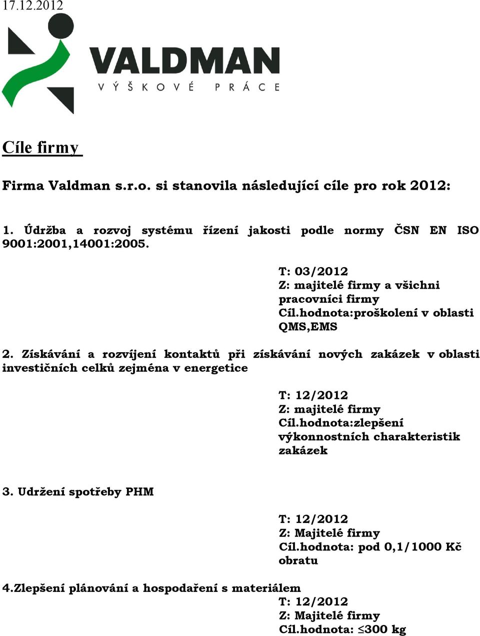 Získávání a rozvíjení kontaktů při získávání nových v oblasti investičních celků zejména v energetice T: 12/2012 3.