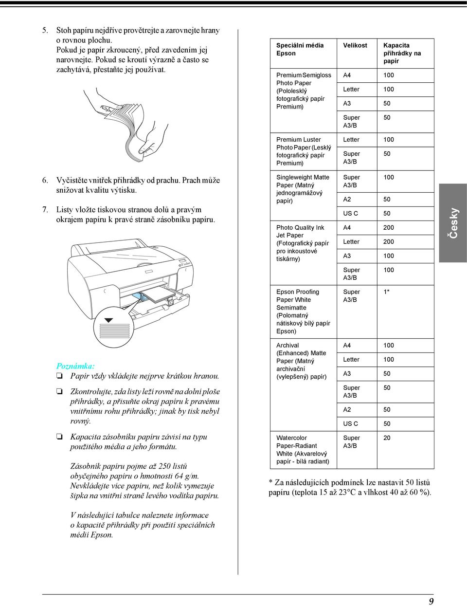 Paper (Lesklý fotografický papír Premium) Letter 100 Super A3/B 50 6. Vyčistěte vnitřek přihrádky od prachu. Prach může snižovat kvalitu výtisku. 7.