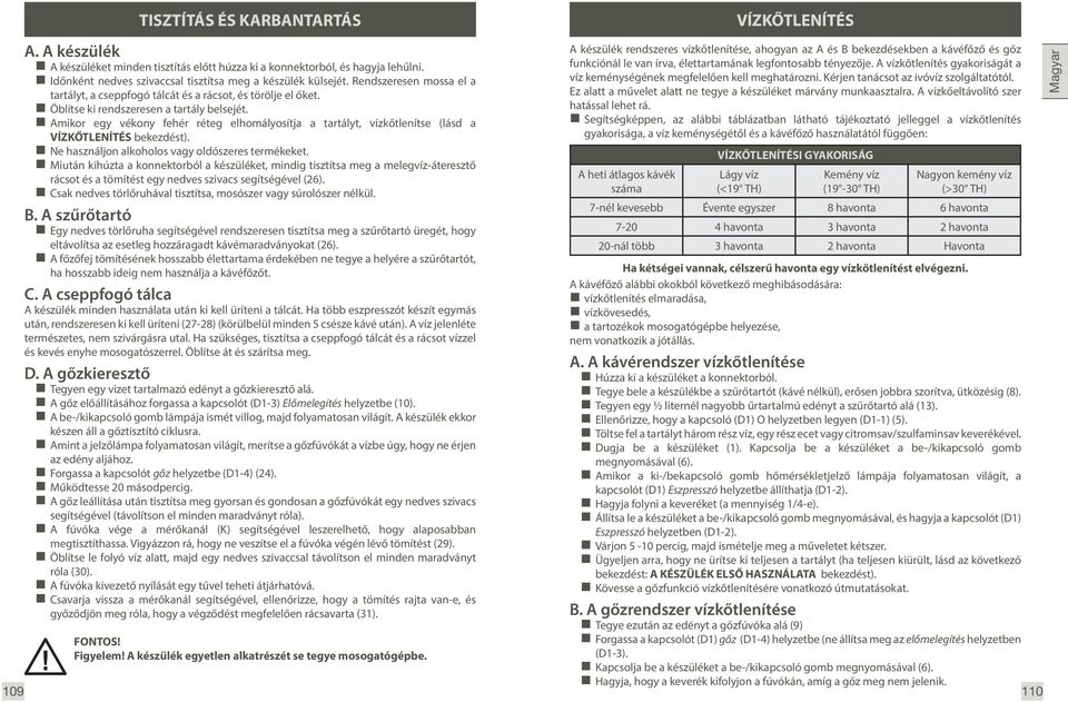 Amikor egy vékony fehér réteg elhomályosítja a tartályt, vízkőtlenítse (lásd a VÍZKŐTLENÍTÉS bekezdést). Ne használjon alkoholos vagy oldószeres termékeket.