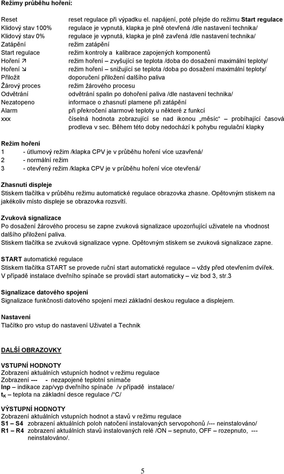 zatápění režim kontroly a kalibrace zapojených komponentů režim hoření zvyšující se teplota /doba do dosažení maximální teploty/ režim hoření snižující se teplota /doba po dosažení maximální teploty/