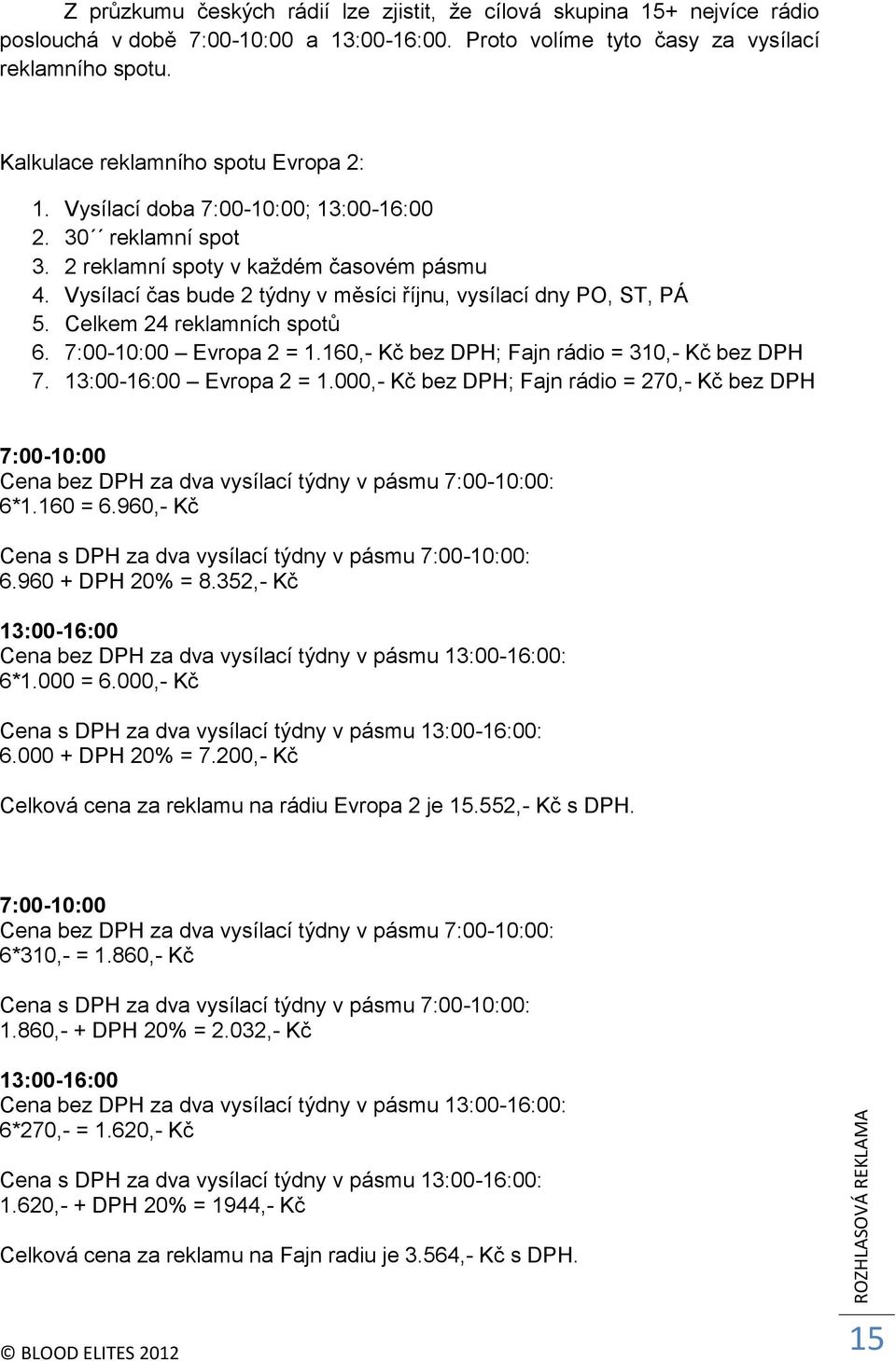 Vysílací čas bude 2 týdny v měsíci říjnu, vysílací dny PO, ST, PÁ 5. Celkem 24 reklamních spotů 6. 7:00-10:00 Evropa 2 = 1.160,- Kč bez DPH; Fajn rádio = 310,- Kč bez DPH 7. 13:00-16:00 Evropa 2 = 1.