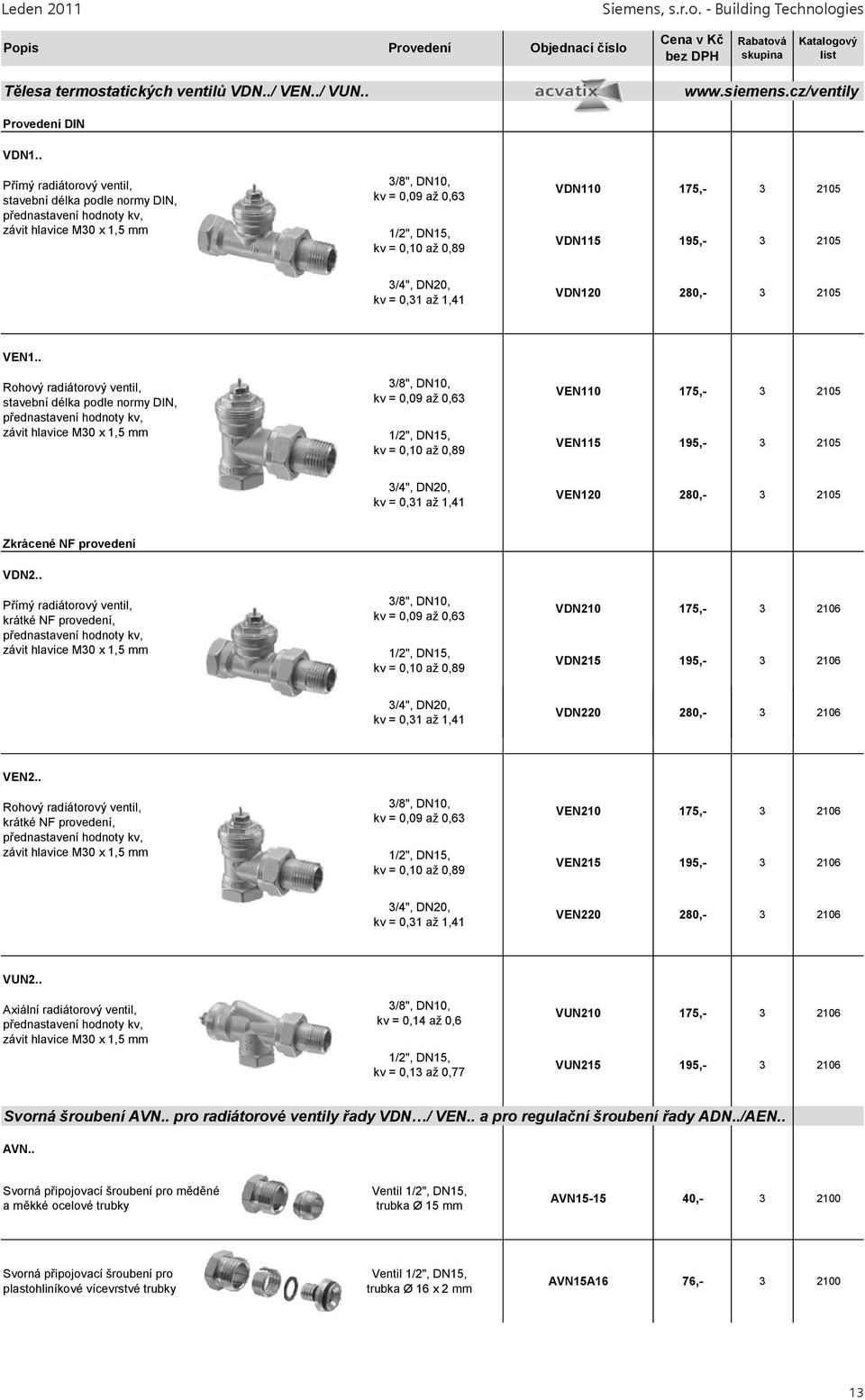 195,- 3 2105 3/4", DN20, kv = 0,31 až 1,41 VDN120 280,- 3 2105 VEN1.