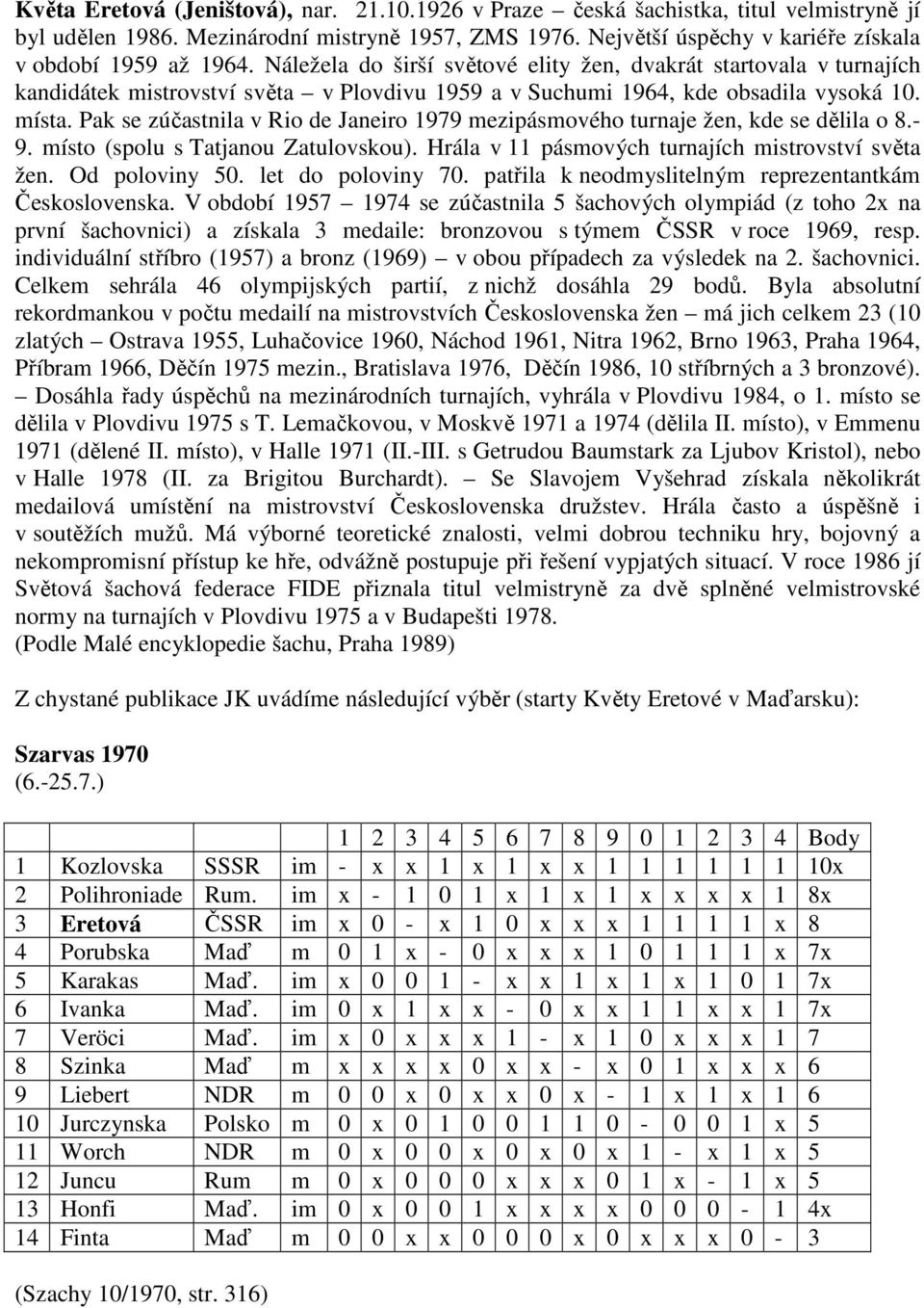 Pak se zúčastnila v Rio de Janeiro 1979 mezipásmového turnaje žen, kde se dělila o 8.- 9. místo (spolu s Tatjanou Zatulovskou). Hrála v 11 pásmových turnajích mistrovství světa žen. Od poloviny 50.