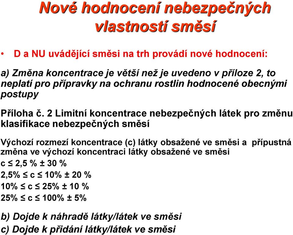 2 Limitní koncentrace nebezpečných látek pro změnu klasifikace nebezpečných směsí Výchozí rozmezí koncentrace (c) látky obsažené ve směsi a