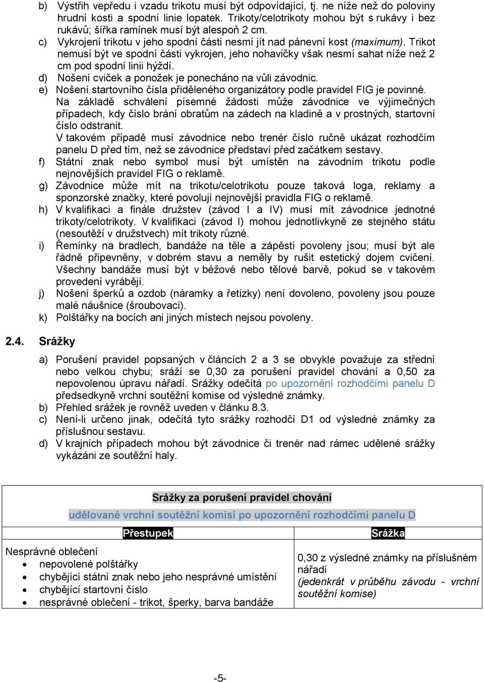 Trikot nemusí být ve spodní části vykrojen, jeho nohavičky však nesmí sahat níže než 2 cm pod spodní linii hýždí. d) Nošení cviček a ponožek je ponecháno na vůli závodnic.