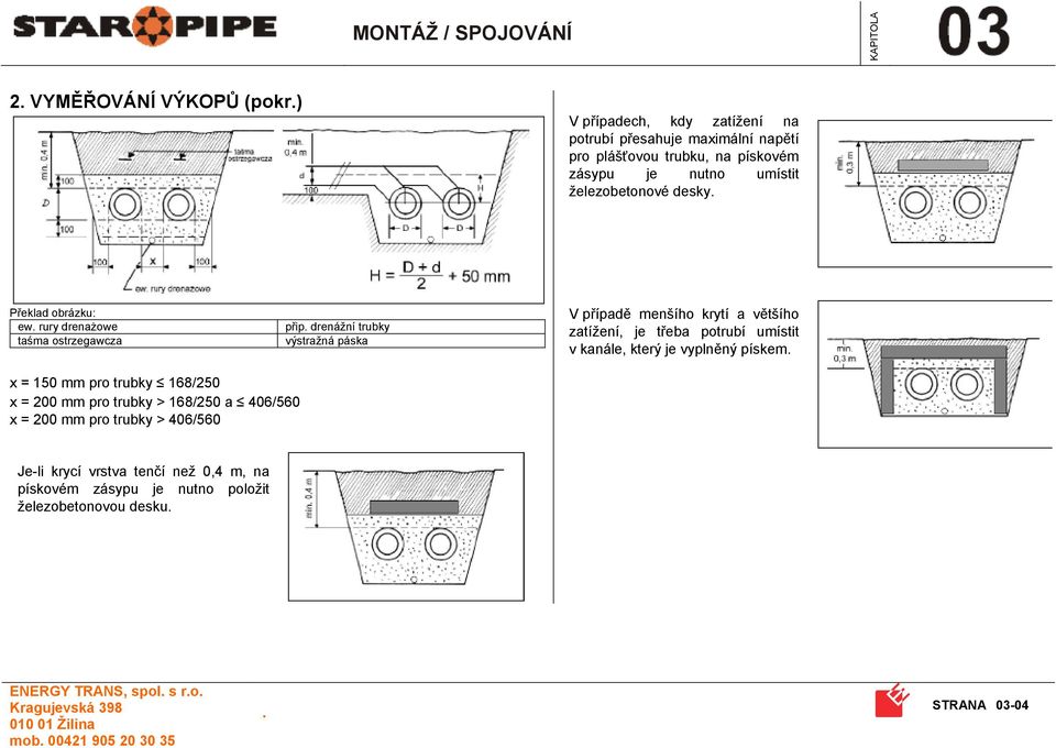 je třeba potrubí umístit v kanále, který je vyplněný pískem x = 150 mm pro trubky 168/250 x = 200 mm pro trubky > 168/250 a 406/560 x = 200 mm pro trubky >