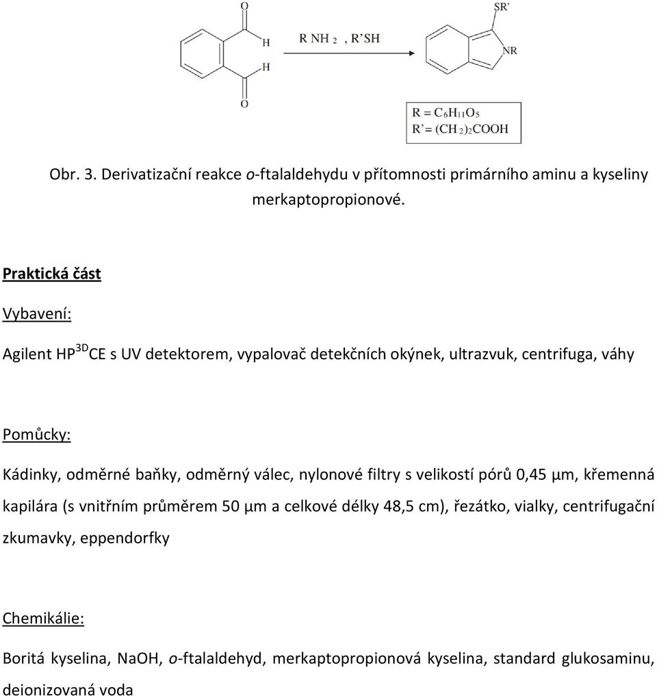 odměrné baňky, odměrný válec, nylonové filtry s velikostí pórů 0,45 µm, křemenná kapilára (s vnitřním průměrem 50 µm a celkové délky 48,5