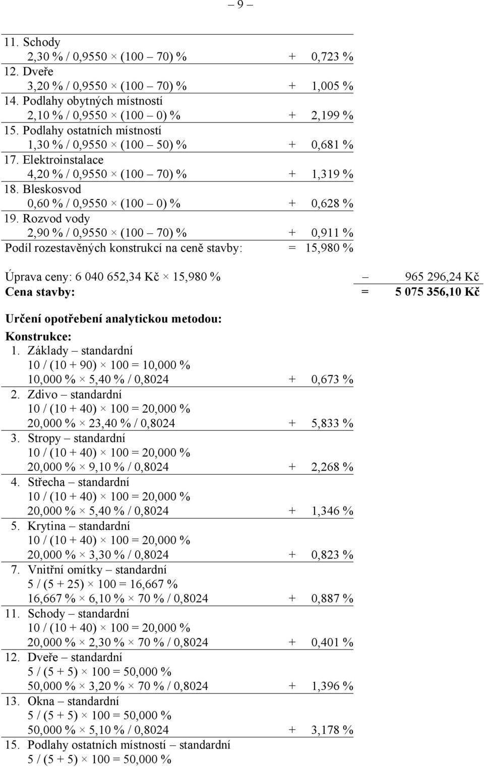 Rozvod vody 2,90 % / 0,9550 (100 70) % + 0,911 % Podíl rozestavěných konstrukcí na ceně stavby: = 15,980 % Úprava ceny: 6 040 652,34 Kč 15,980 % 965 296,24 Kč Cena stavby: = 5 075 356,10 Kč Určení